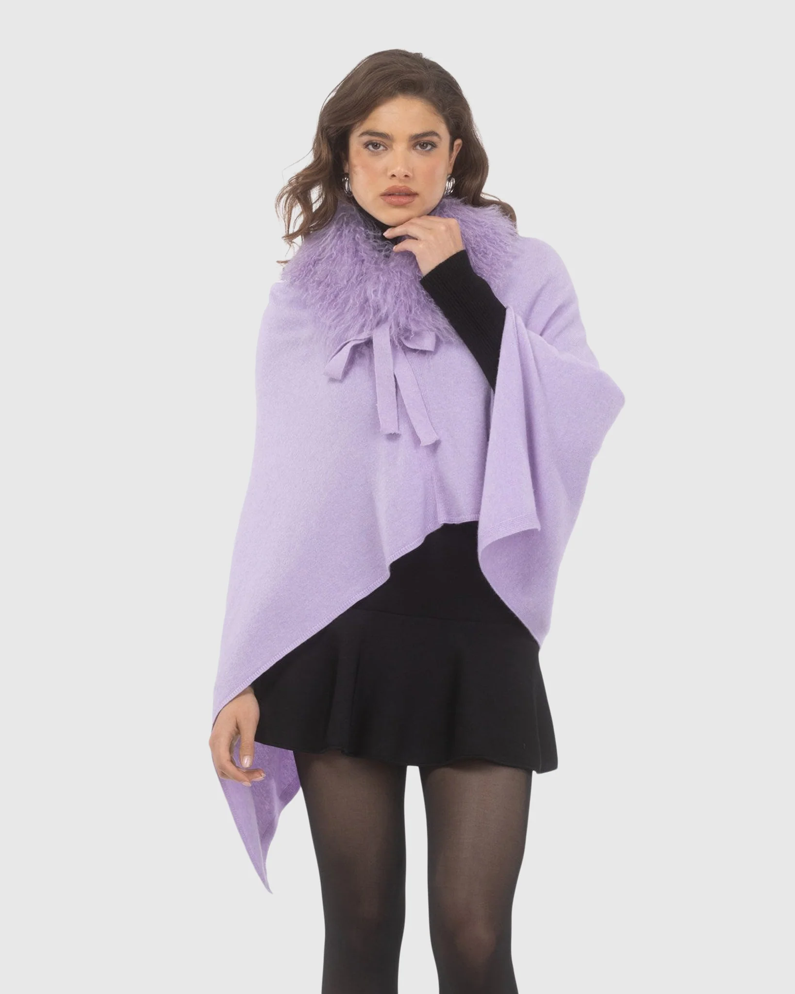 Select Cashmere And Merino Wool Blend Poncho With Select Mongolian Lamb Collar - Image 13