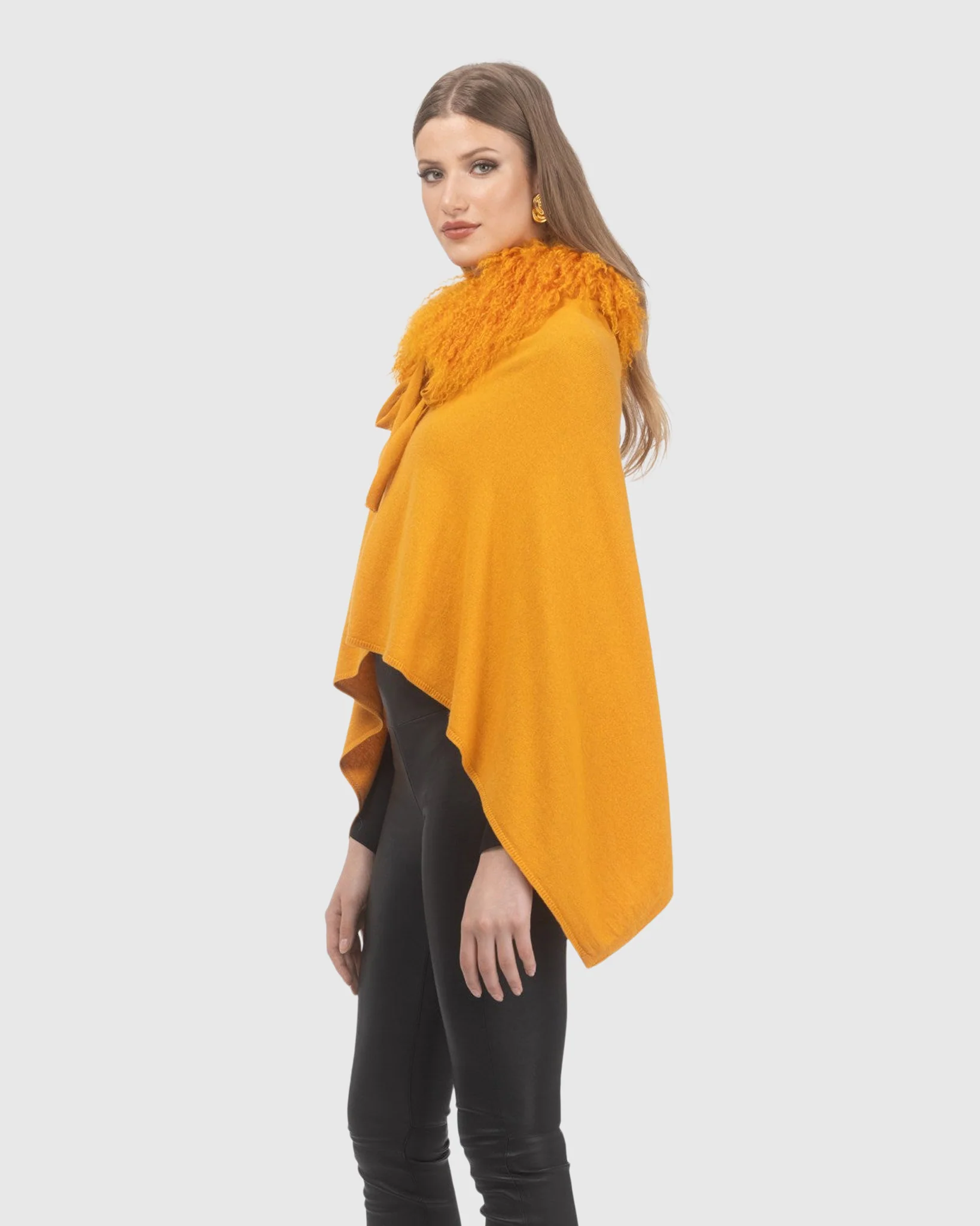 Select Cashmere And Merino Wool Blend Poncho With Select Mongolian Lamb Collar - Image 4