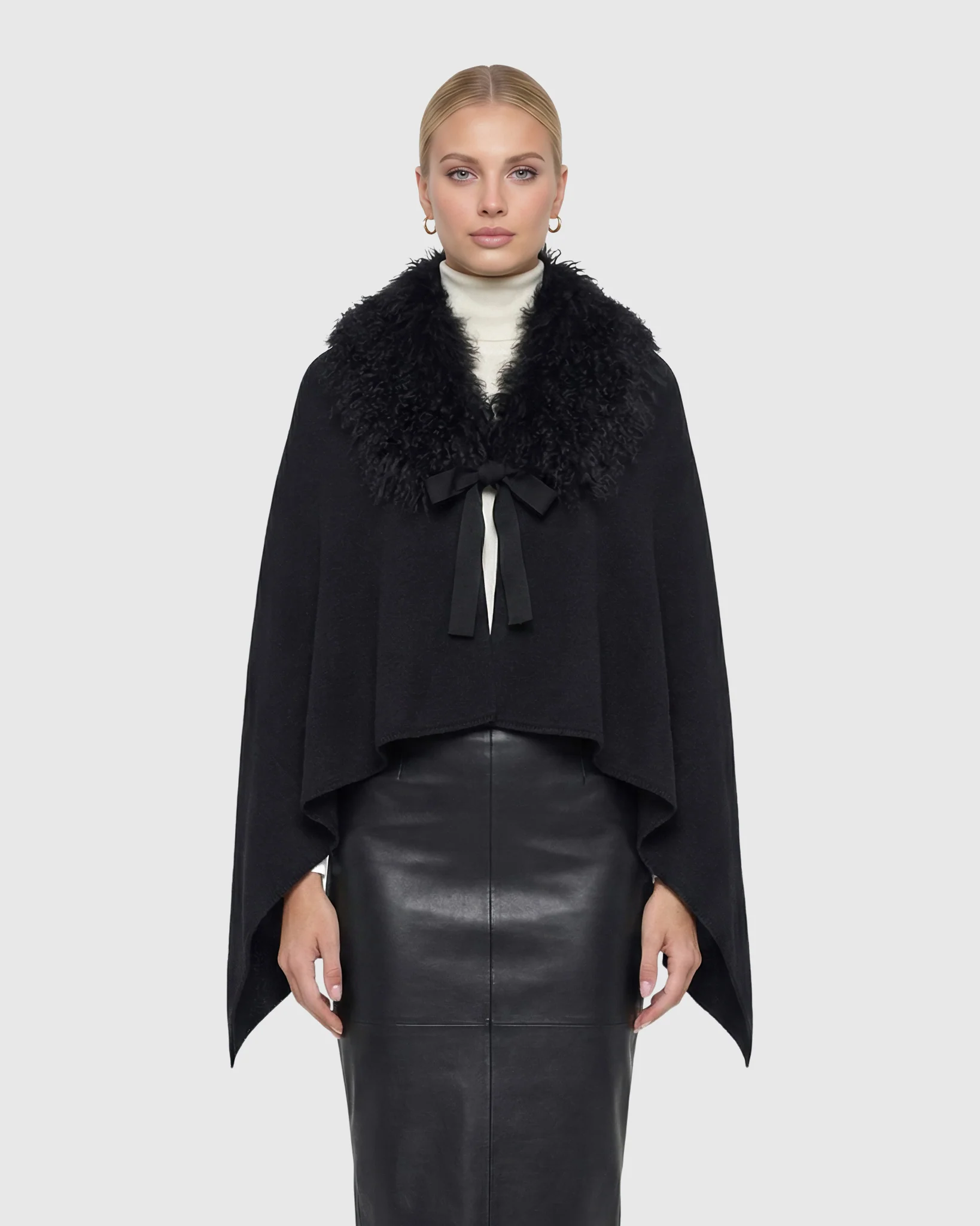 Select Cashmere And Merino Wool Blend Poncho With Select Mongolian Lamb Collar - Image 7