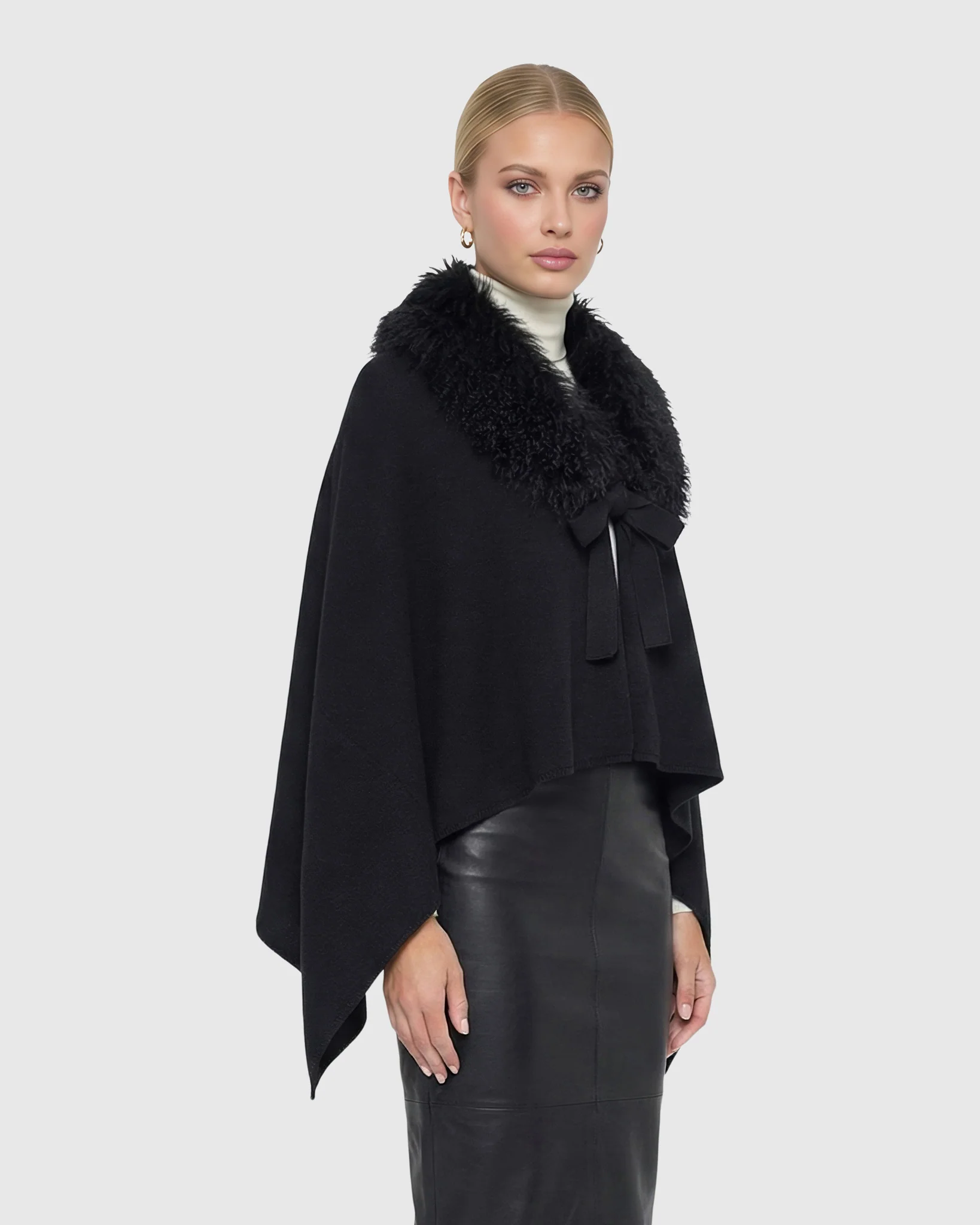 Select Cashmere And Merino Wool Blend Poncho With Select Mongolian Lamb Collar - Image 8