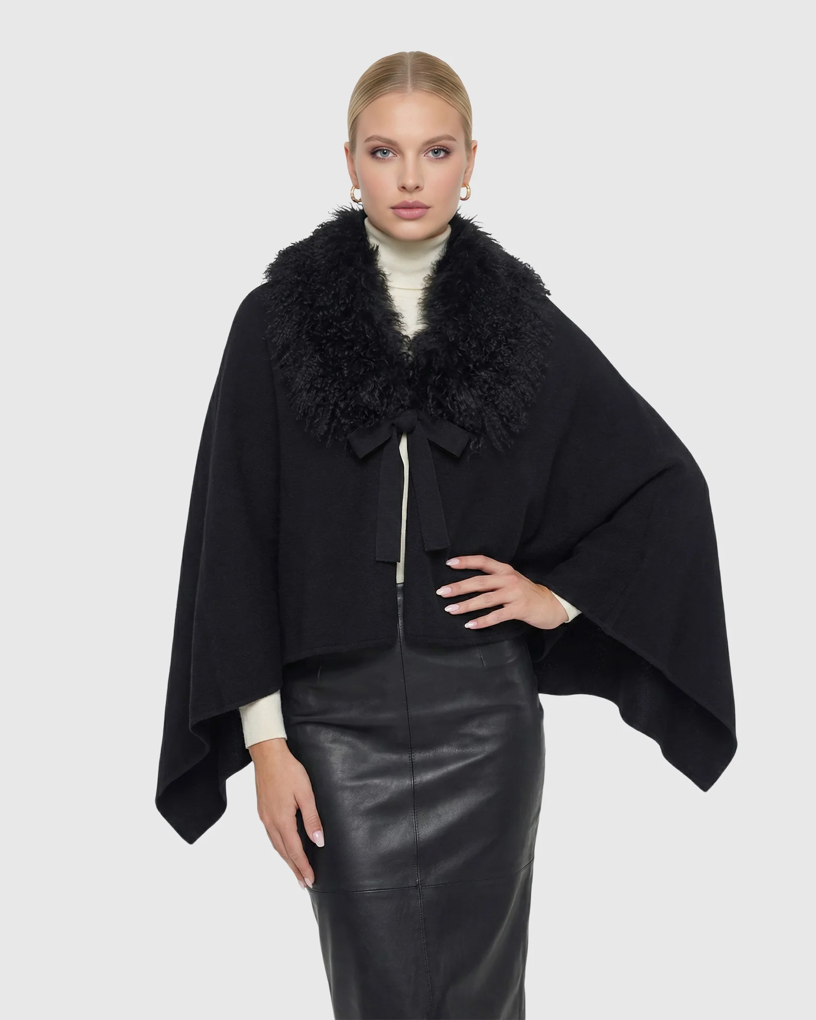 Select Cashmere And Merino Wool Blend Poncho With Select Mongolian Lamb Collar - Image 9
