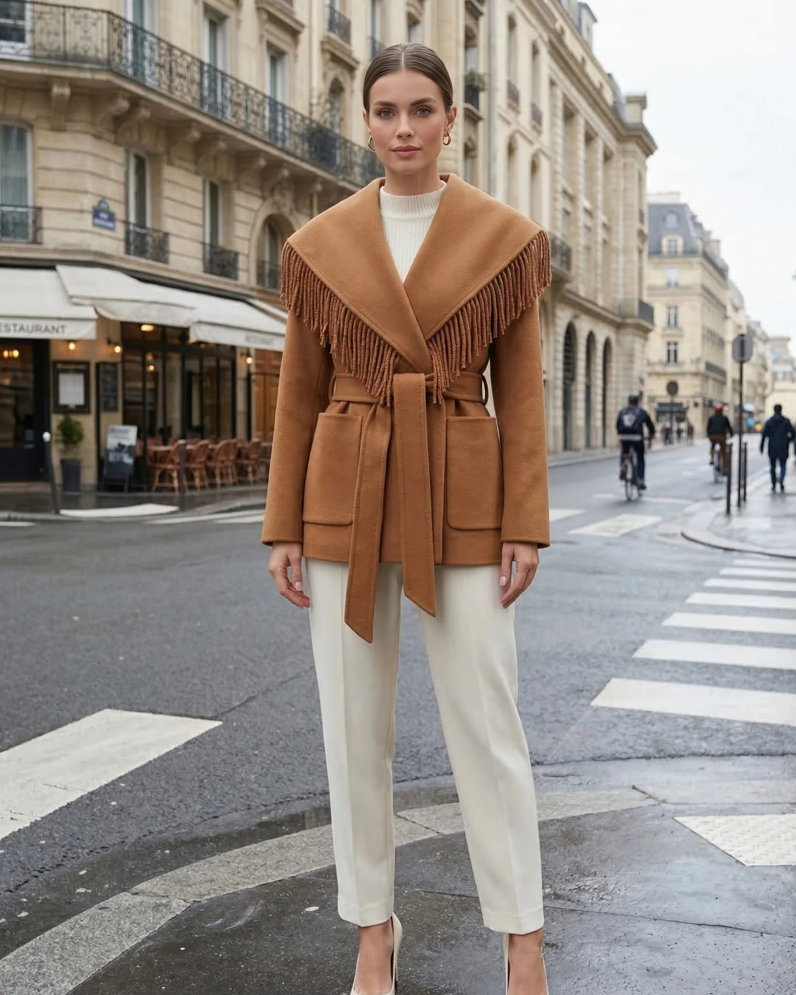SELECT CASHMERE AND WOOL BLEND JACKET WITH TASSLE TRIM, BELT - Image 10