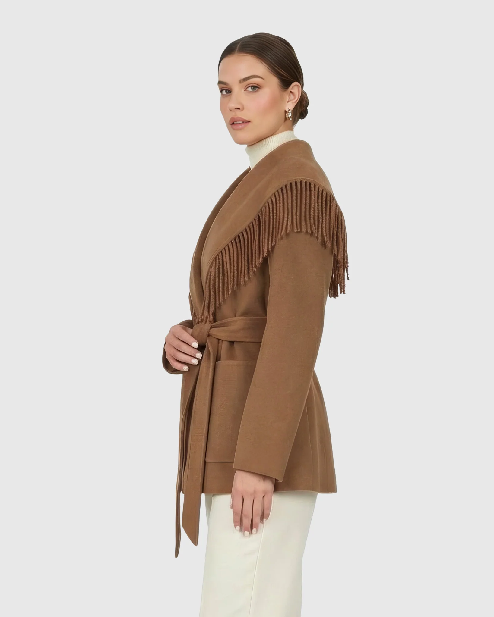 SELECT CASHMERE AND WOOL BLEND JACKET WITH TASSLE TRIM, BELT - Image 6