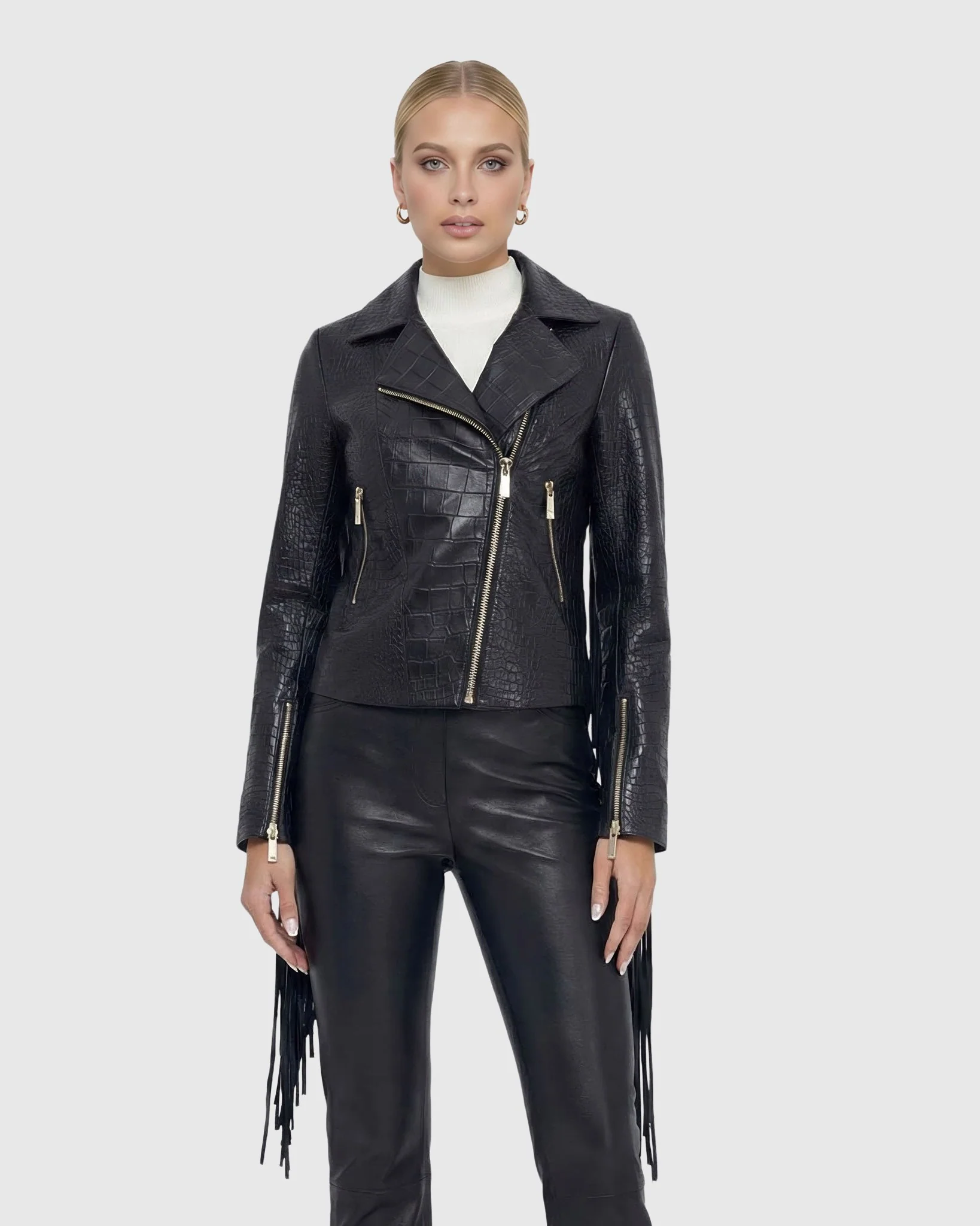 SELECT NAPPA LEATHER CROCO EMBOSSED JACKET WITH FRINGES