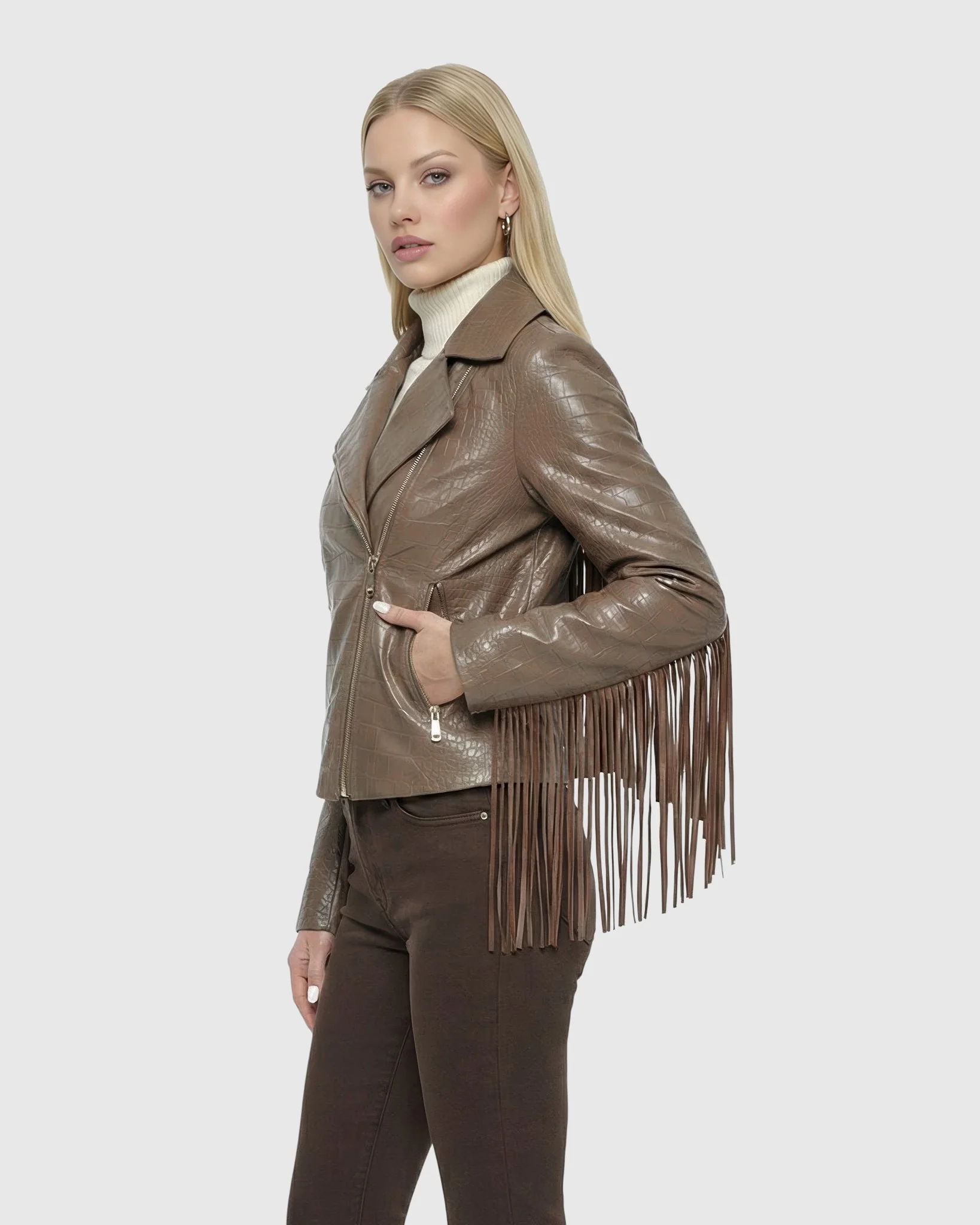 SELECT NAPPA LEATHER CROCO EMBOSSED JACKET WITH FRINGES - Image 17