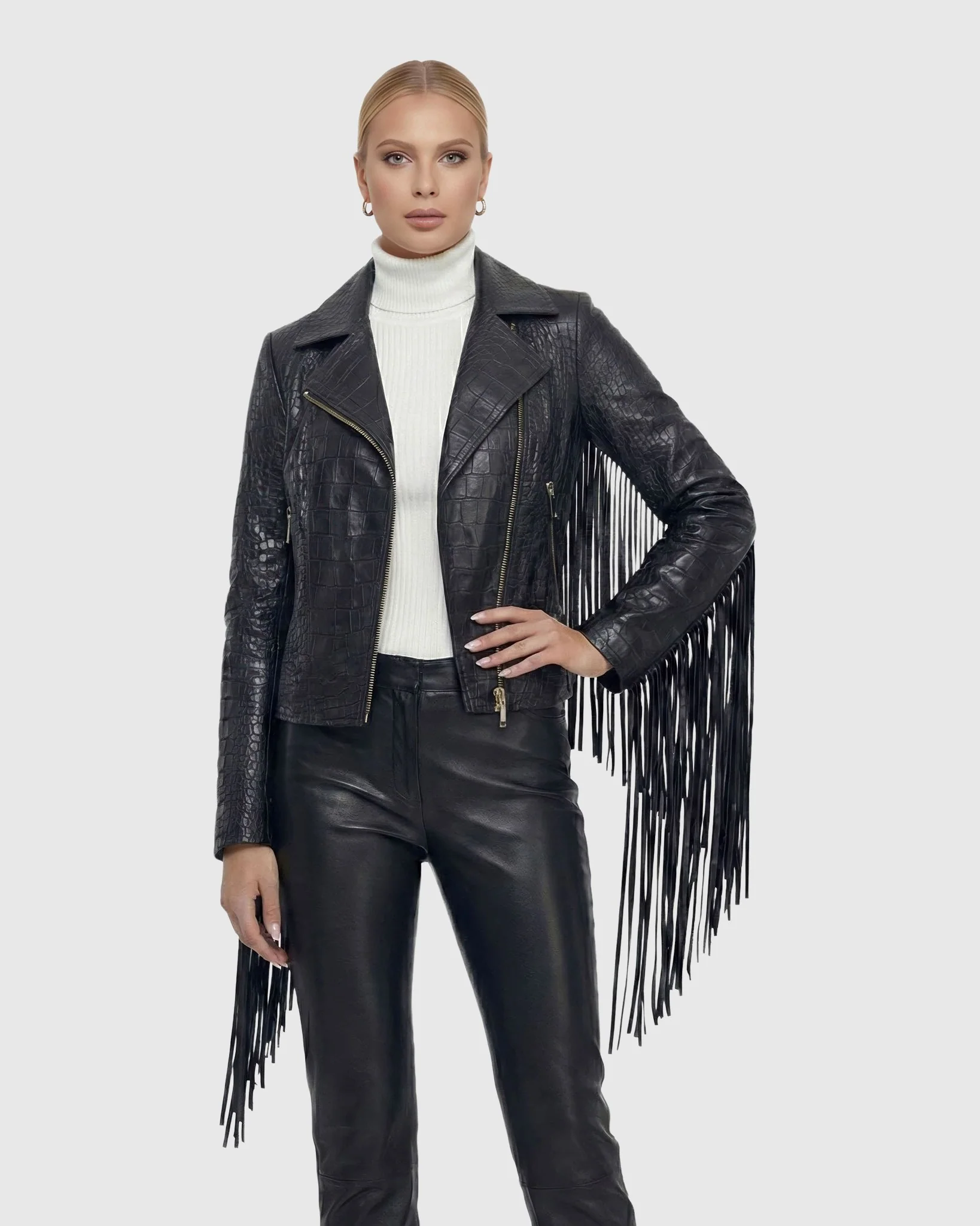 SELECT NAPPA LEATHER CROCO EMBOSSED JACKET WITH FRINGES - Image 2