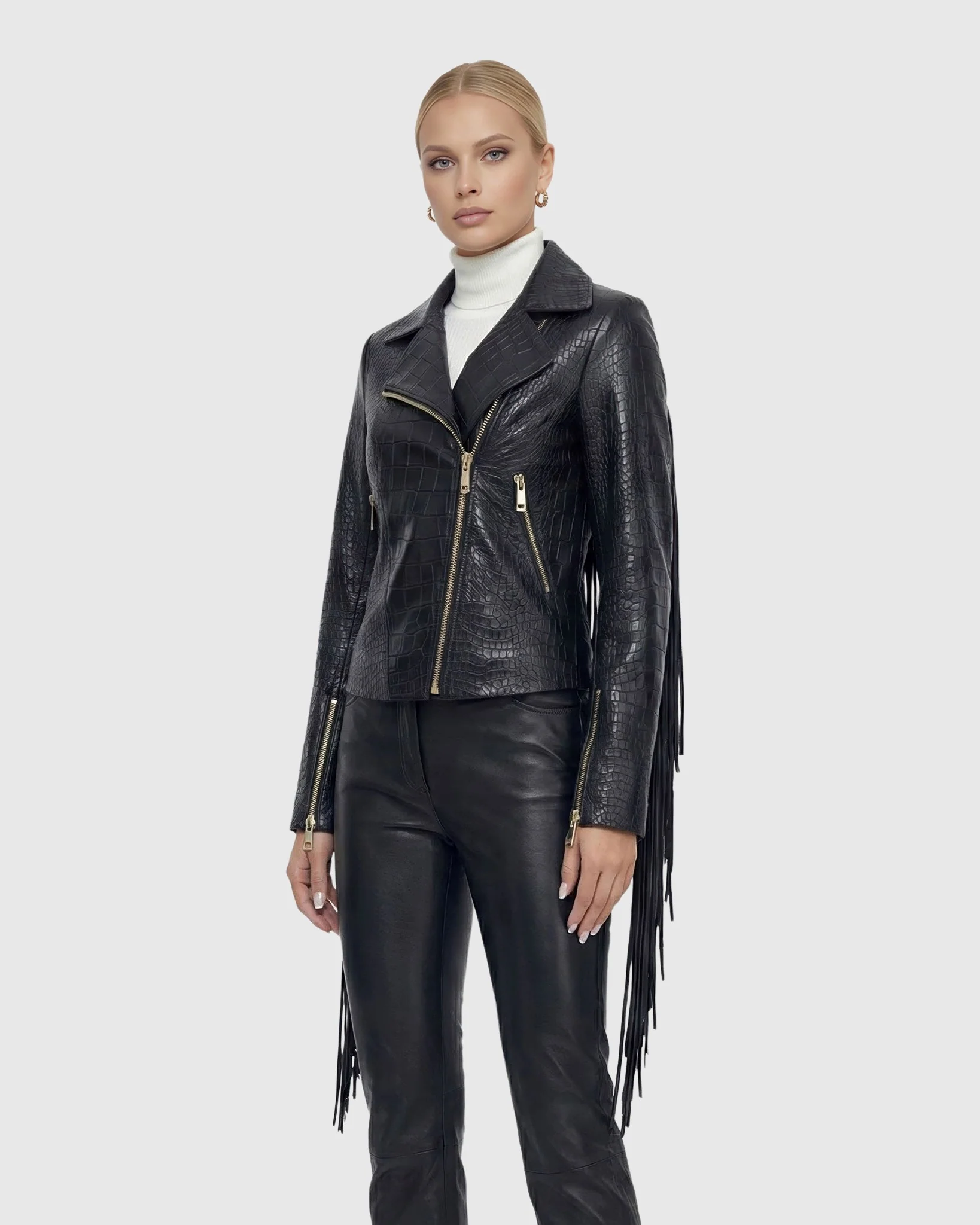 SELECT NAPPA LEATHER CROCO EMBOSSED JACKET WITH FRINGES - Image 3