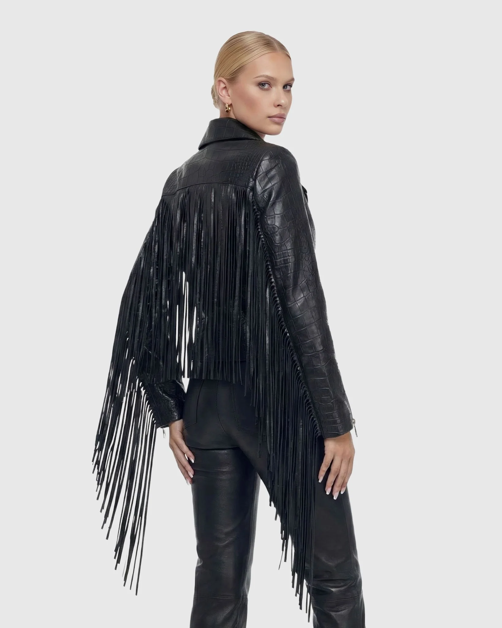 SELECT NAPPA LEATHER CROCO EMBOSSED JACKET WITH FRINGES - Image 4