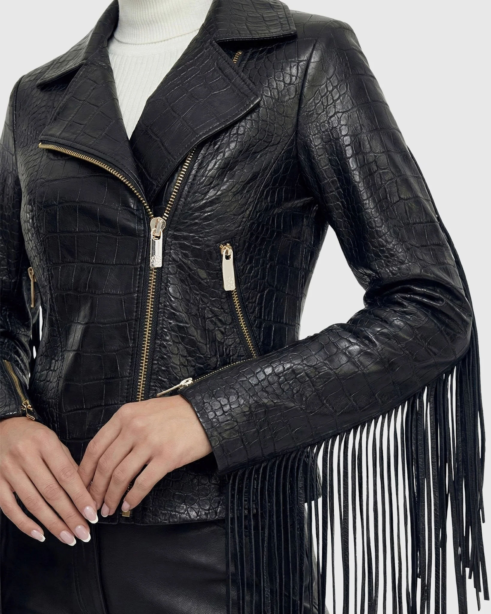 SELECT NAPPA LEATHER CROCO EMBOSSED JACKET WITH FRINGES - Image 6