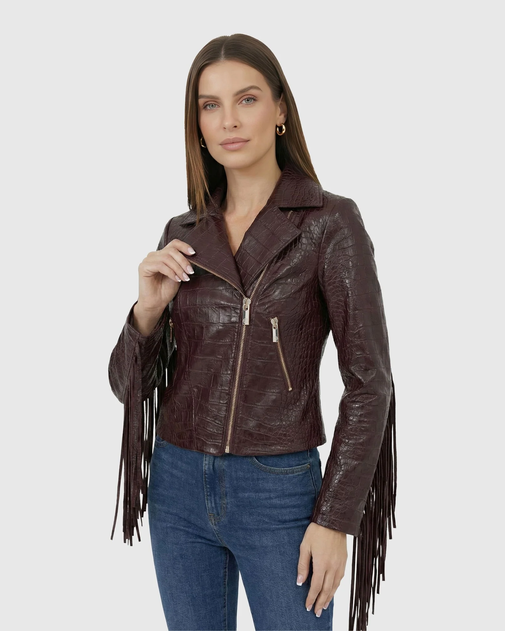 SELECT NAPPA LEATHER CROCO EMBOSSED JACKET WITH FRINGES - Image 8
