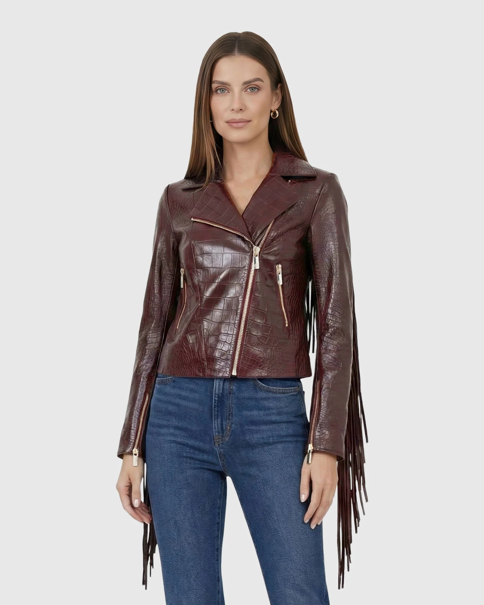 SELECT NAPPA LEATHER CROCO EMBOSSED JACKET WITH FRINGES - Image 9