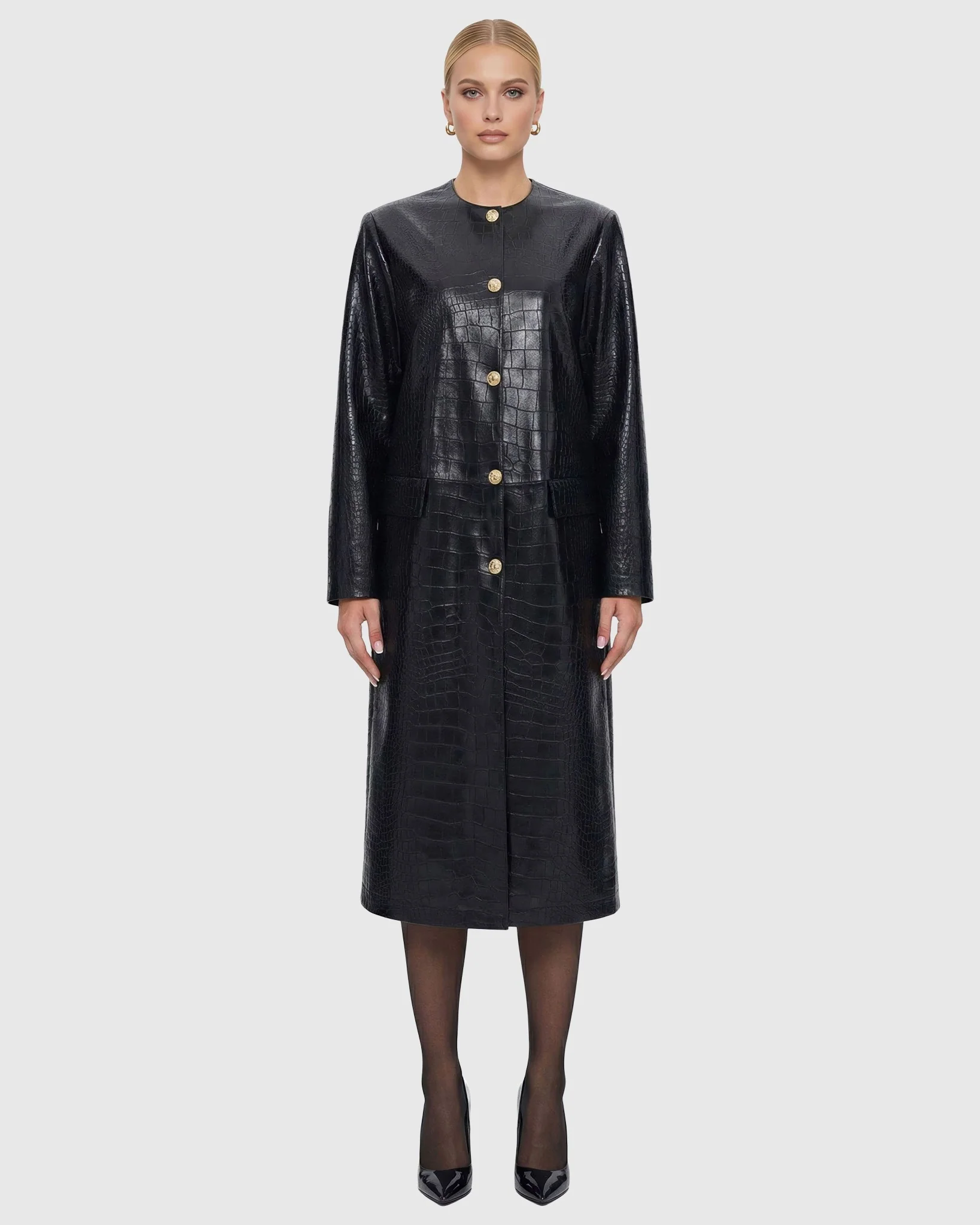 Select Nappa Leather Croco Embossed Short Coat - Image 6