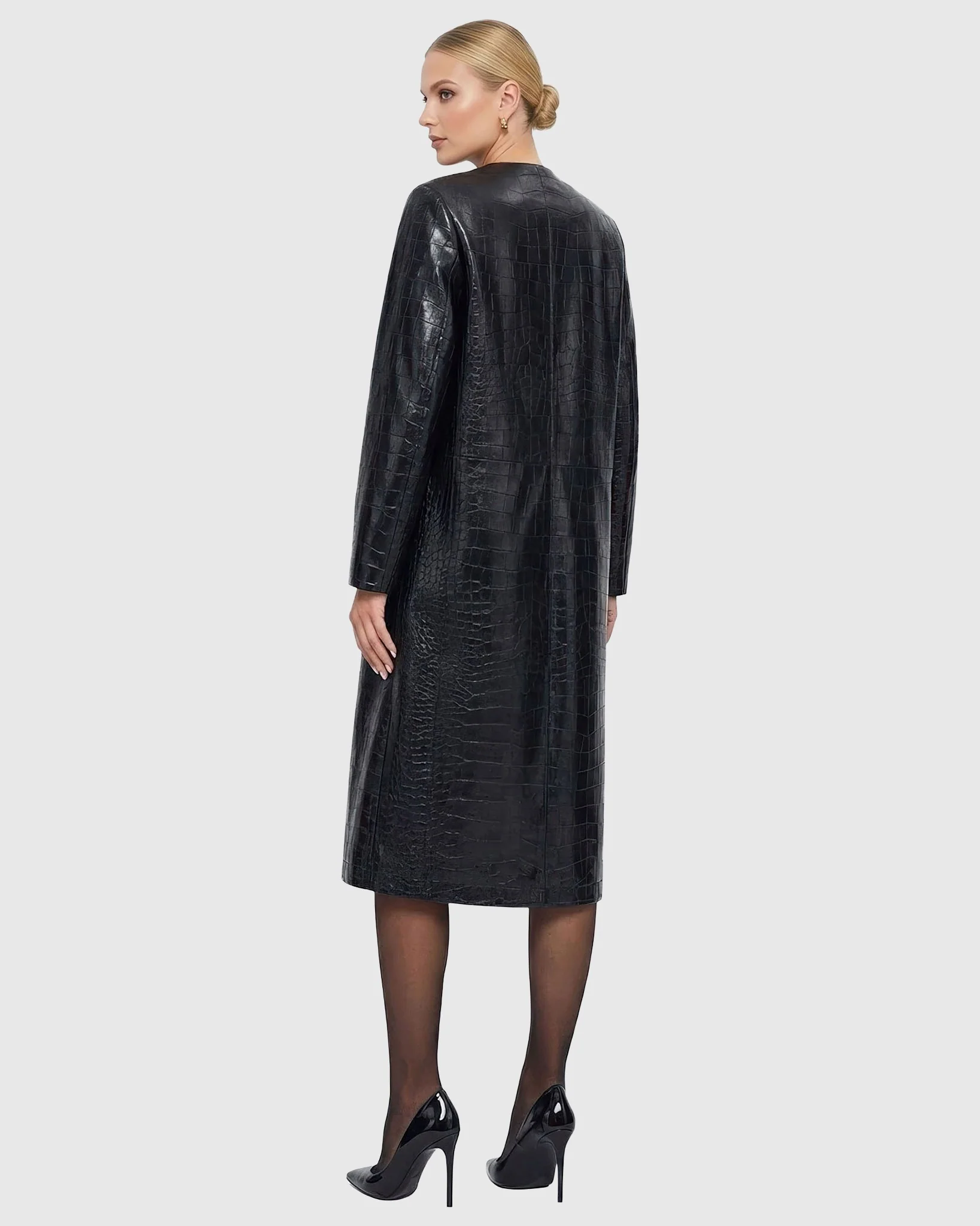 Select Nappa Leather Croco Embossed Short Coat - Image 8
