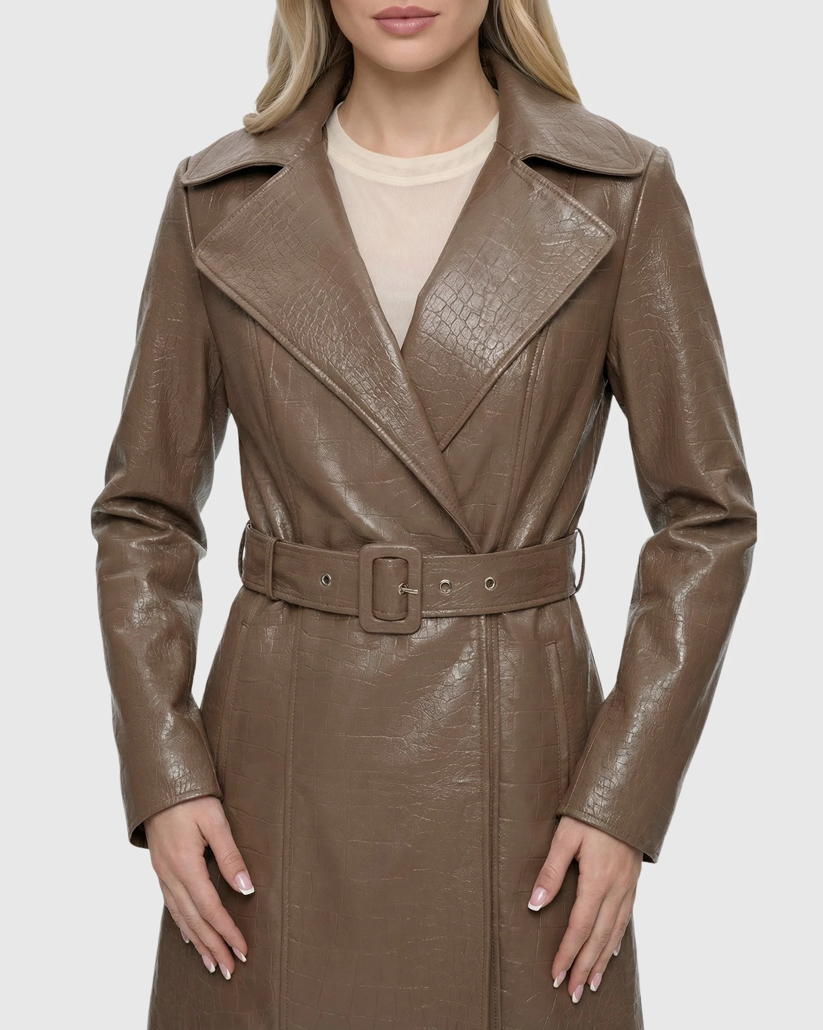 SELECT NAPPA LEATHER CROCO EMBOSSED TRENCH COAT, BELT - Image 12