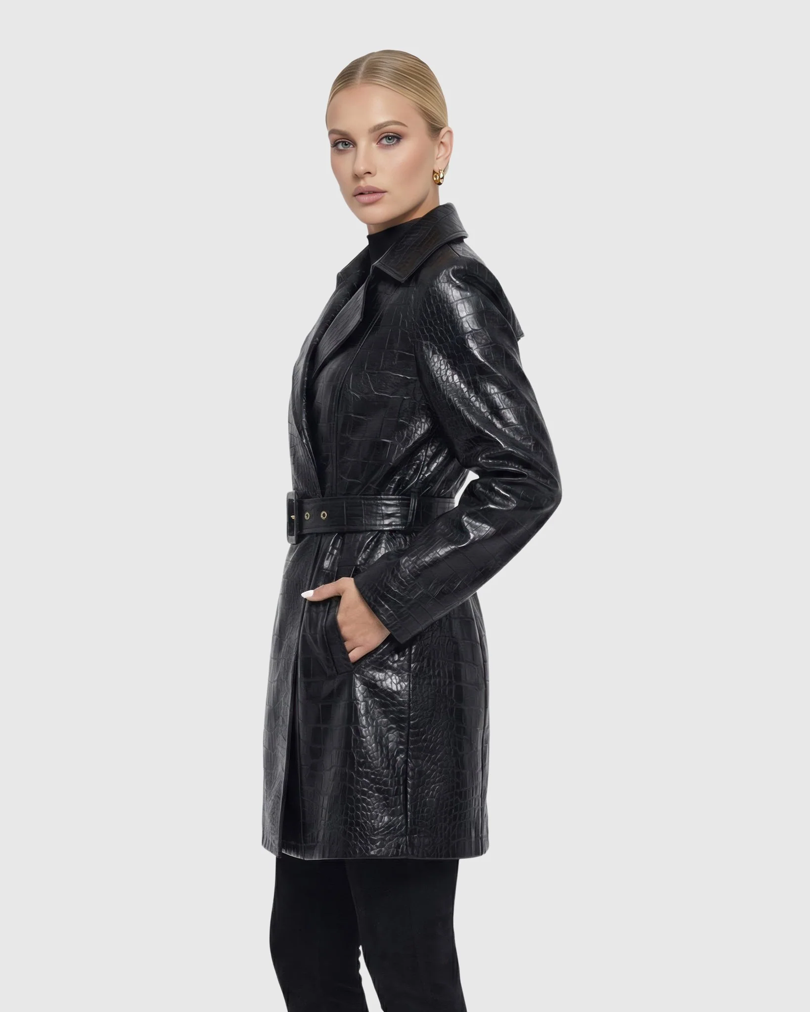 SELECT NAPPA LEATHER CROCO EMBOSSED TRENCH COAT, BELT - Image 3