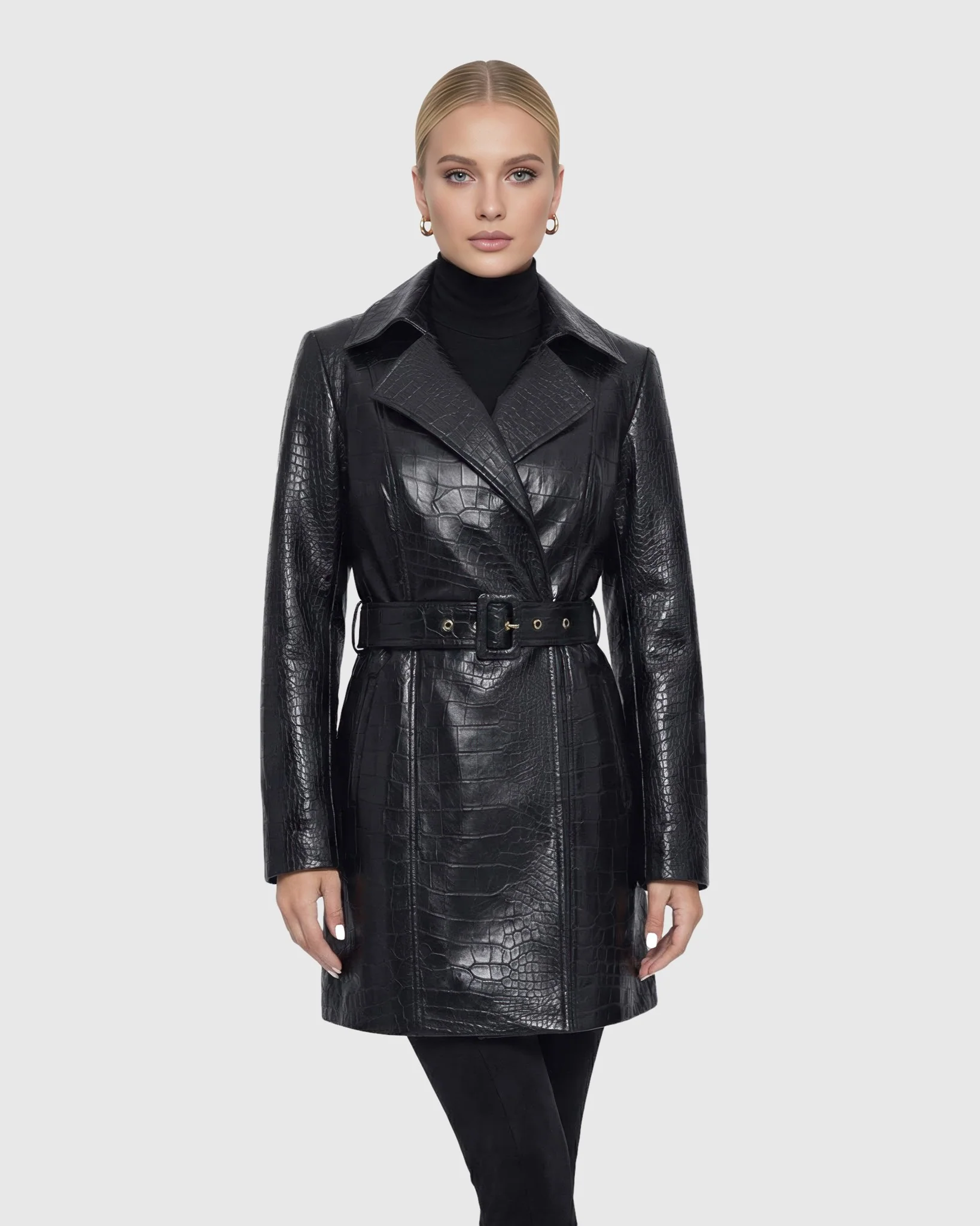 SELECT NAPPA LEATHER CROCO EMBOSSED TRENCH COAT, BELT - Image 5