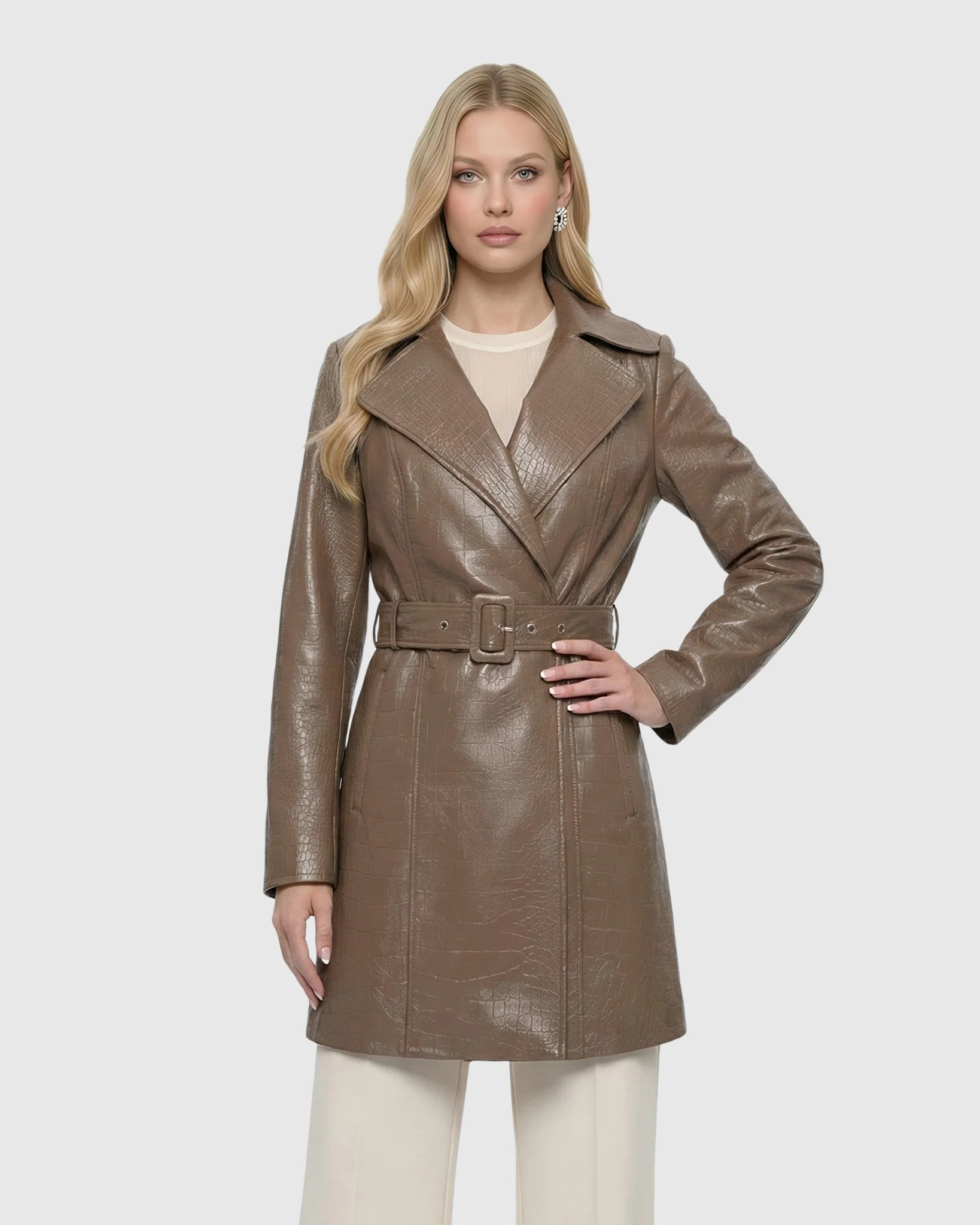 SELECT NAPPA LEATHER CROCO EMBOSSED TRENCH COAT, BELT - Image 7