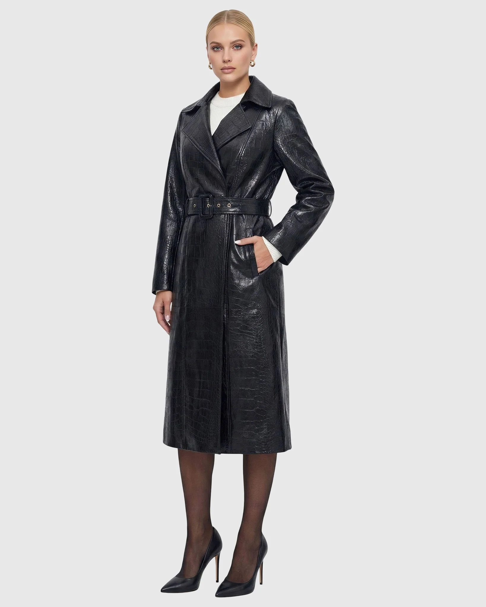 SELECT NAPPA LEATHER CROCO EMBOSSED TRENCH COAT, BELT - Image 5