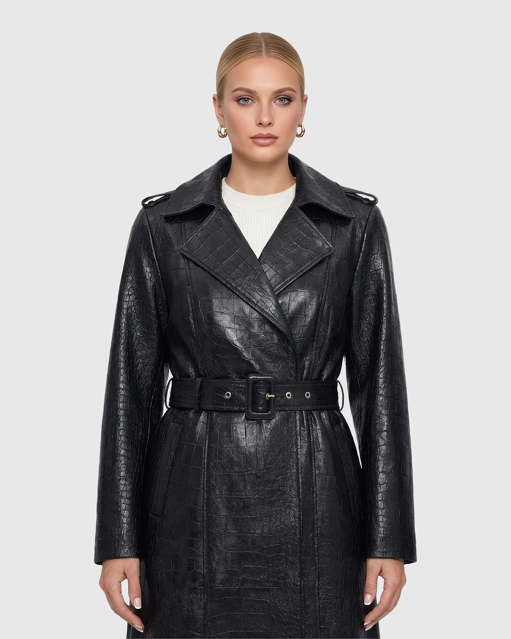SELECT NAPPA LEATHER CROCO EMBOSSED TRENCH COAT, BELT - Image 6