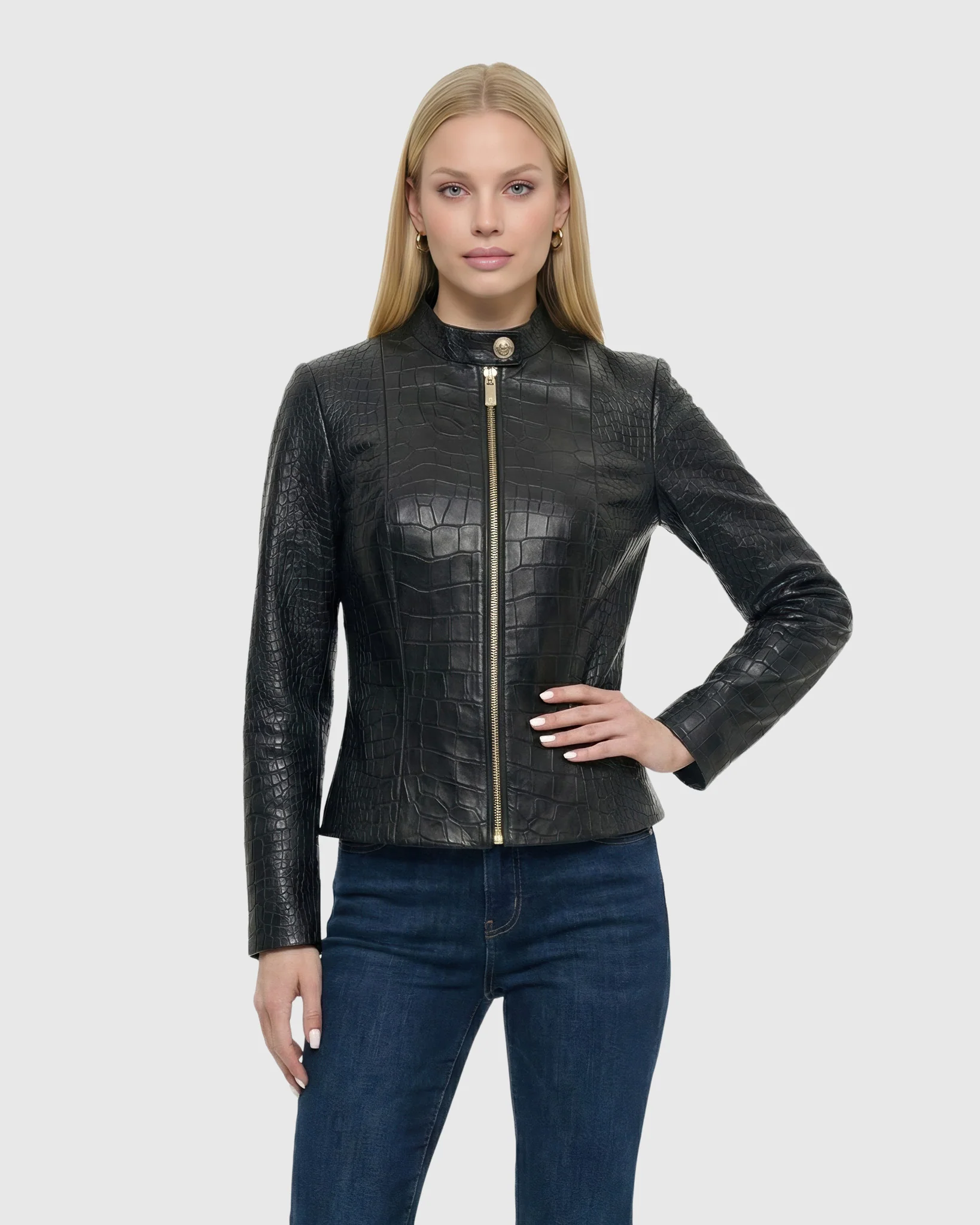 SELECT NAPPA LEATHER CROCO EMBOSSED ZIP JACKET - Image 9