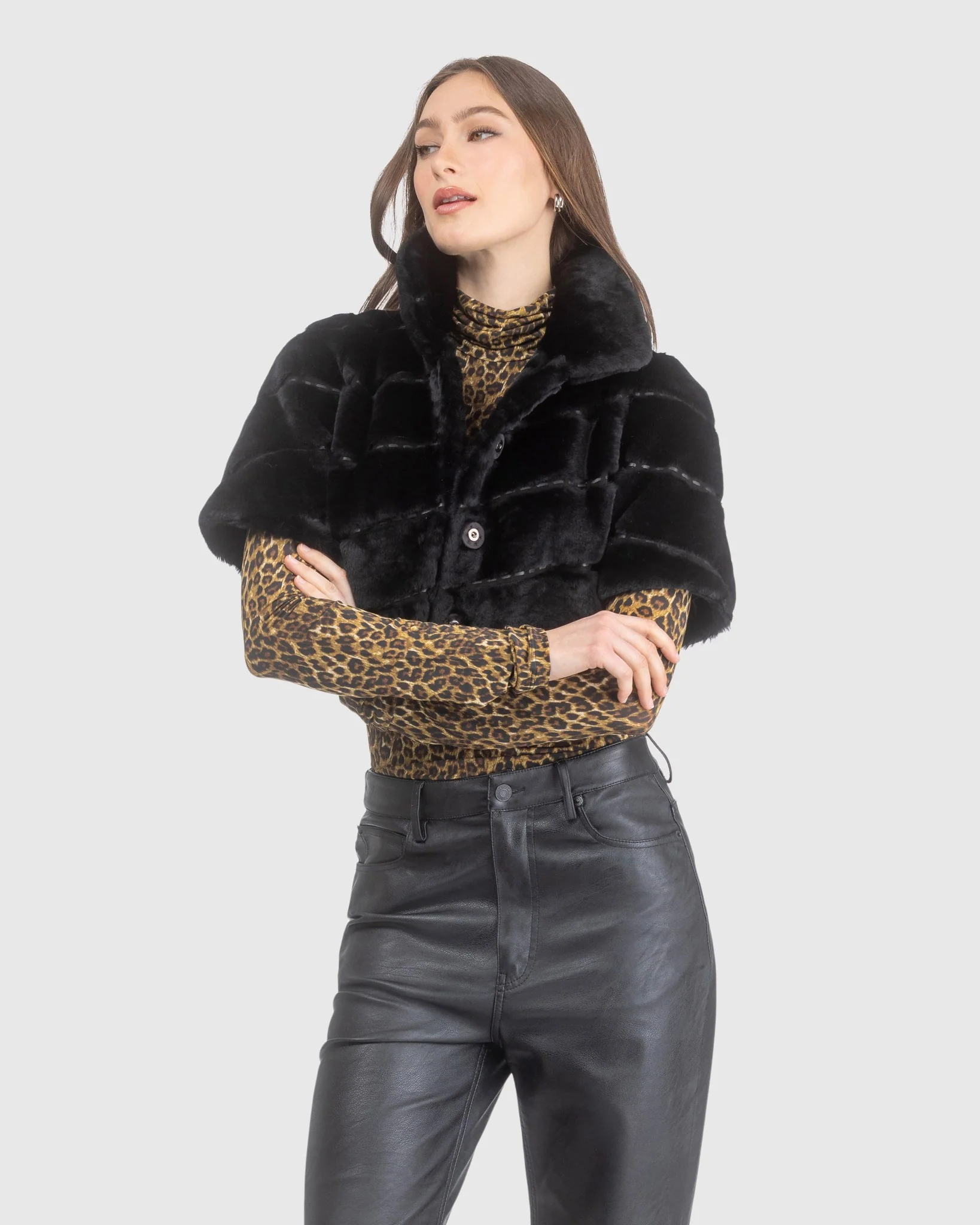 Select Shearling Lamb Diagonal Bolero With Cropped Sleeves - Image 12