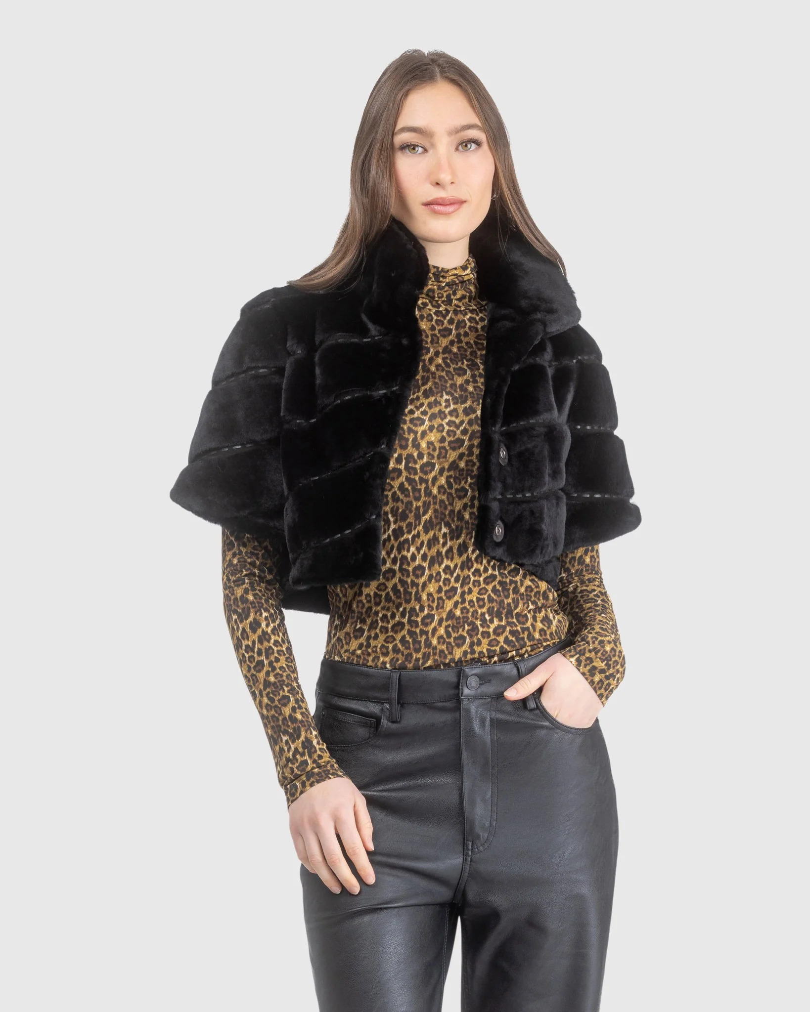 Select Shearling Lamb Diagonal Bolero With Cropped Sleeves - Image 13