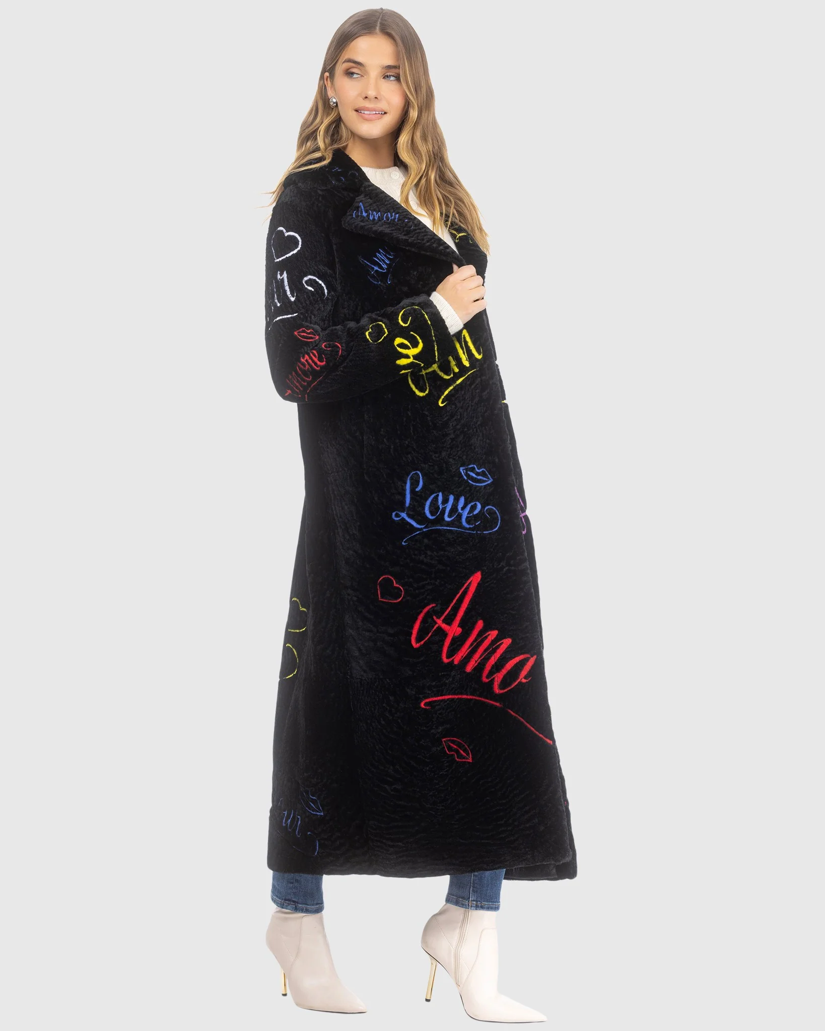 Select Shearling Lamb Embroidered "love" Coat - Image 2