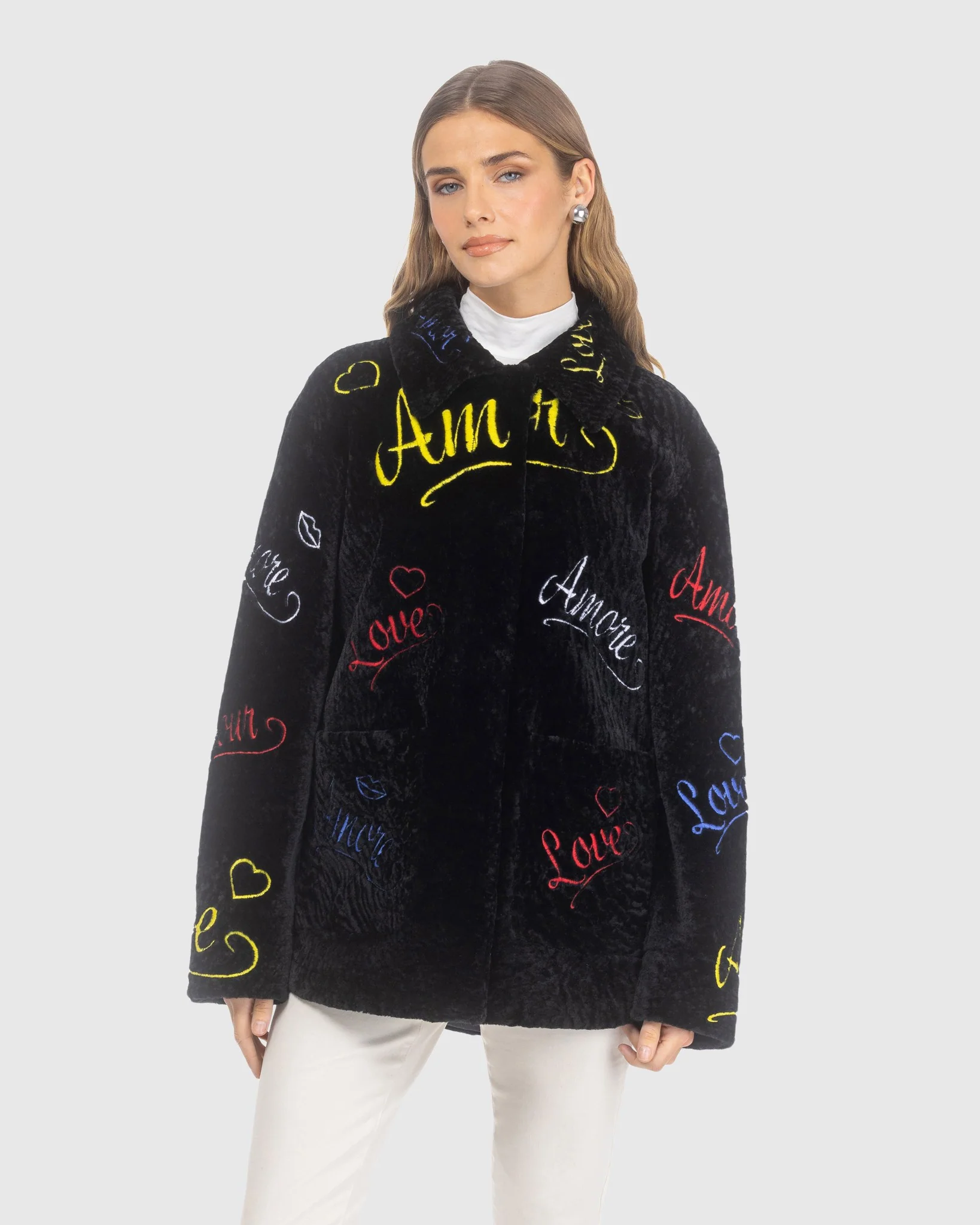 Select Shearling Lamb Embroidered "love" Jacket - Image 3