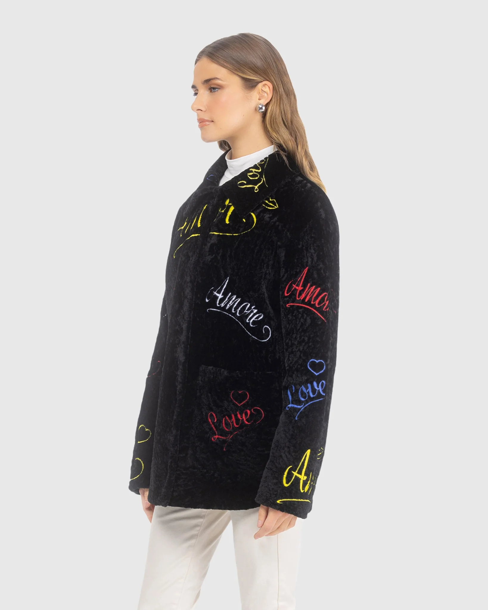 Select Shearling Lamb Embroidered "love" Jacket - Image 4