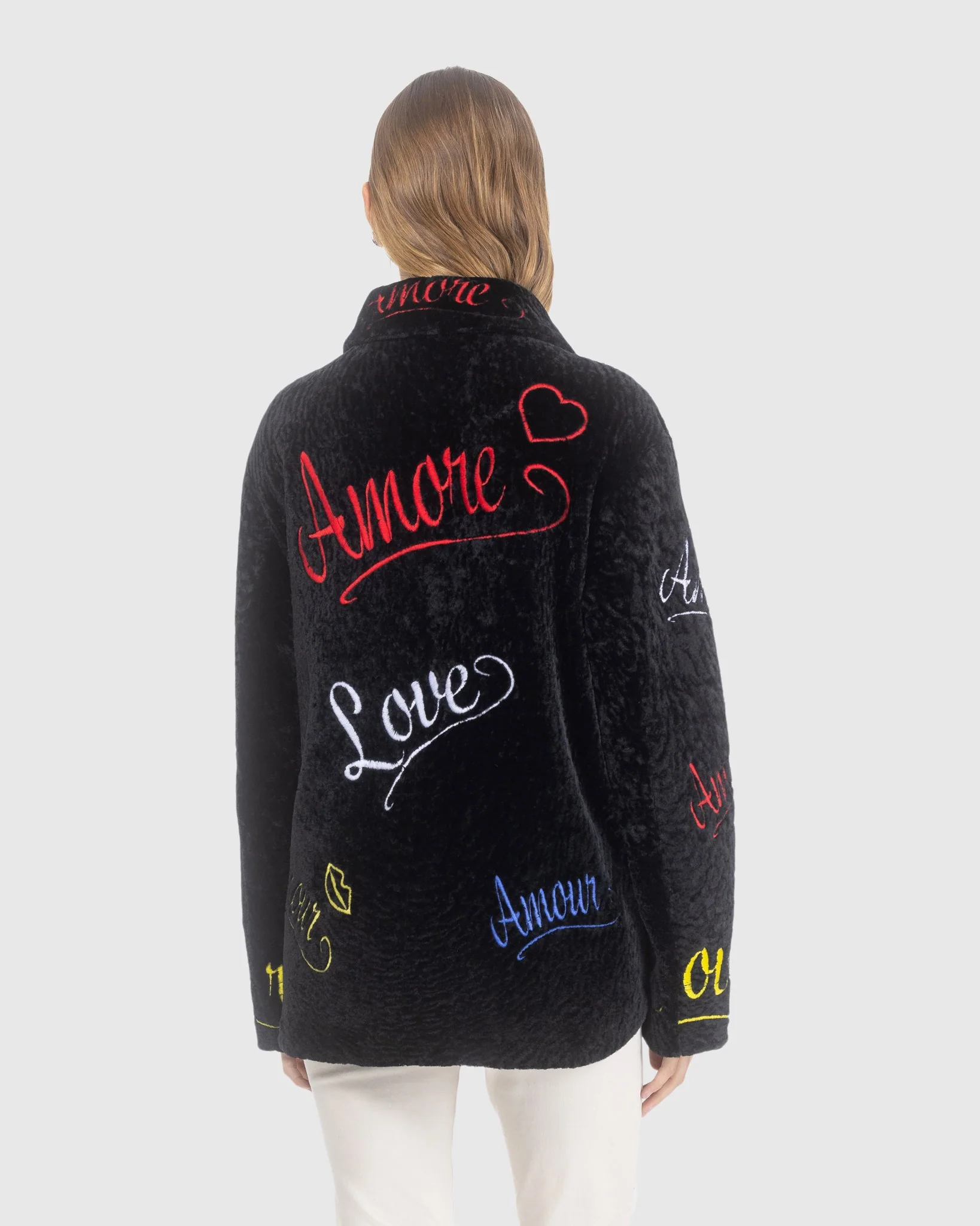 Select Shearling Lamb Embroidered "love" Jacket - Image 6