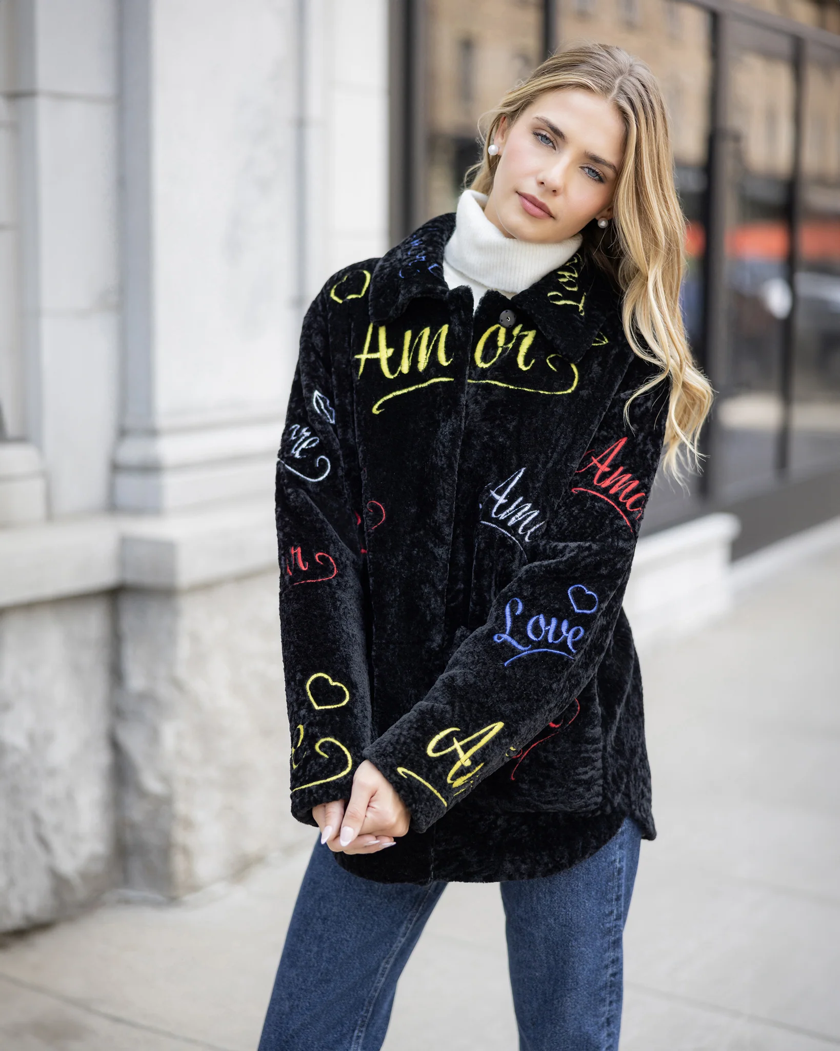 Select Shearling Lamb Embroidered "love" Jacket - Image 8