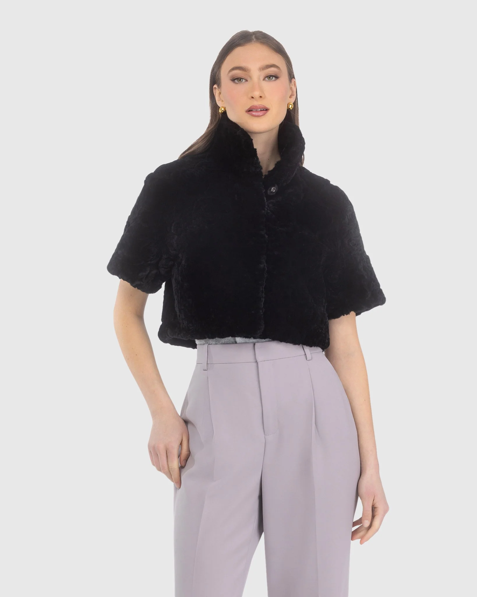 Select Shearling Lamb Rose Printed Bolero With Cropped Sleeves - Image 12