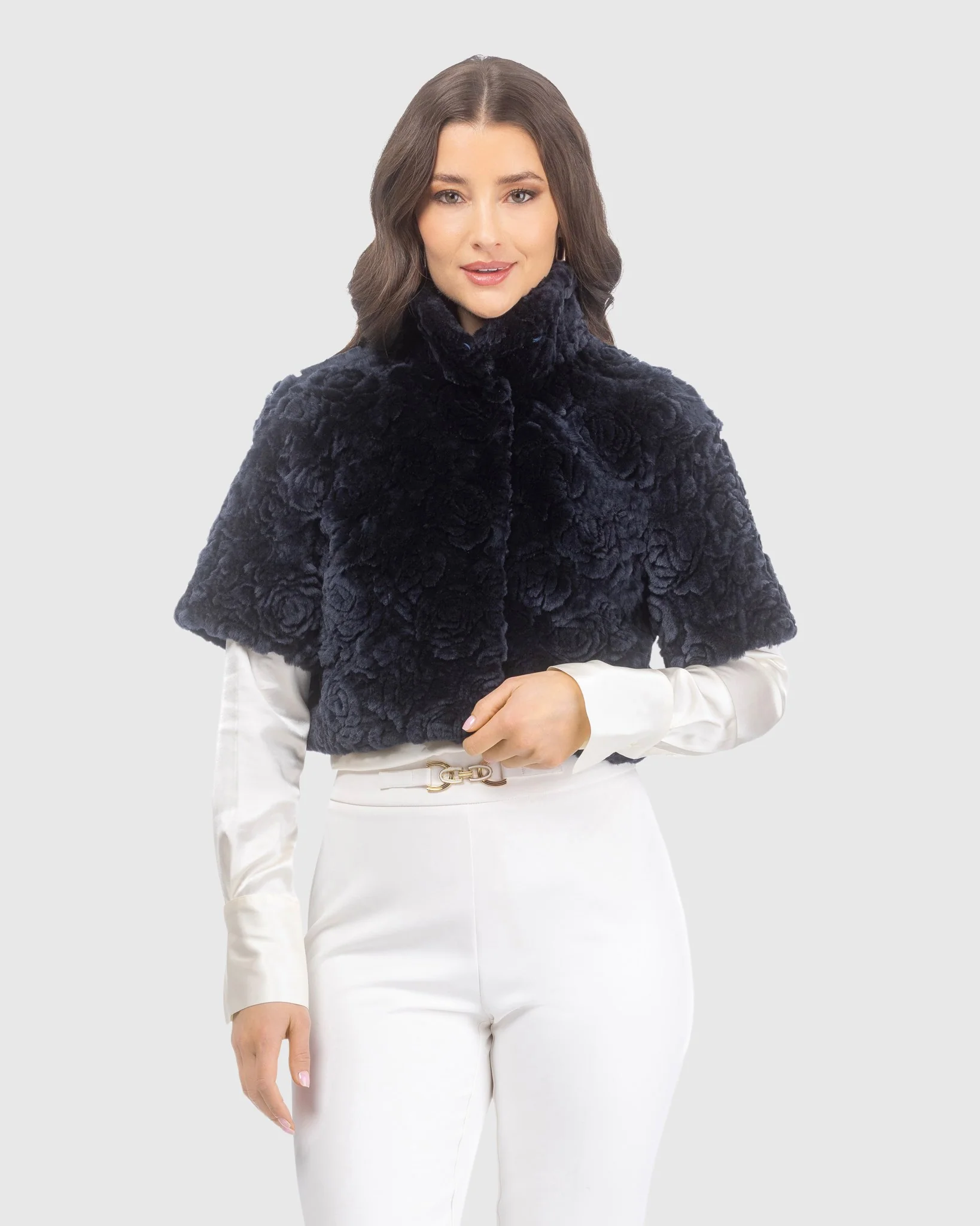 Select Shearling Lamb Rose Printed Bolero With Cropped Sleeves - Image 14