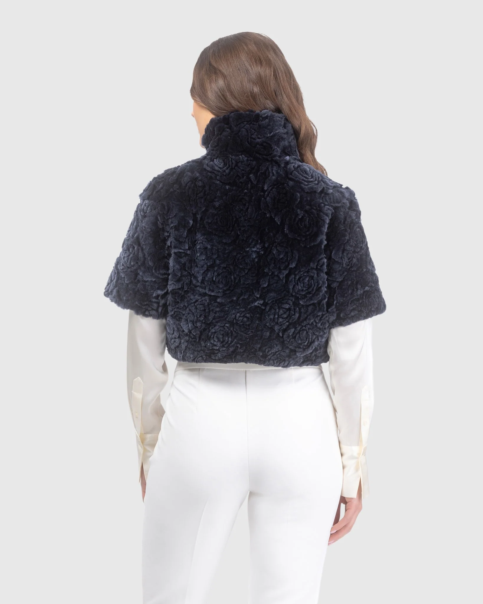 Select Shearling Lamb Rose Printed Bolero With Cropped Sleeves - Image 16