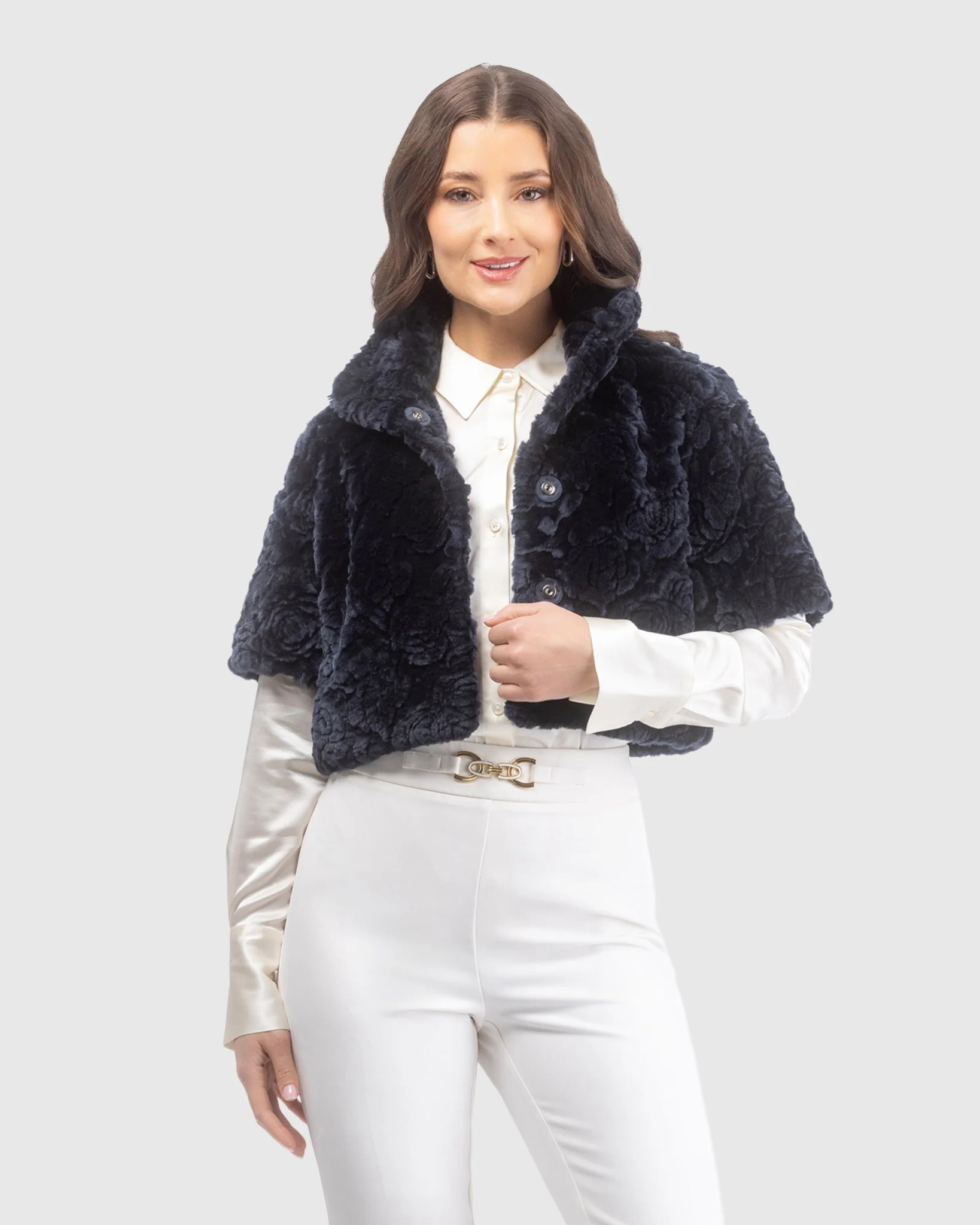 Select Shearling Lamb Rose Printed Bolero With Cropped Sleeves - Image 17
