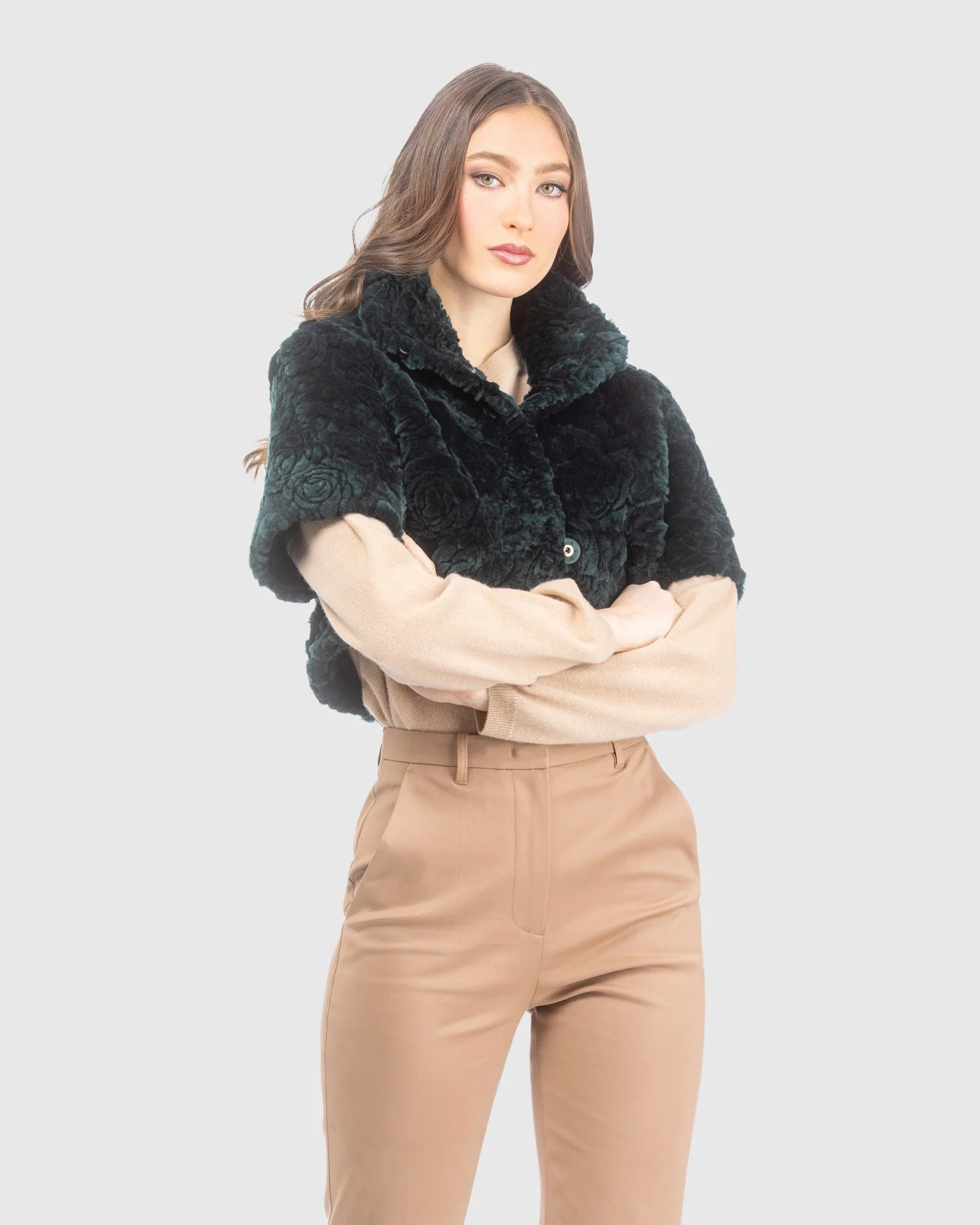 Select Shearling Lamb Rose Printed Bolero With Cropped Sleeves - Image 20