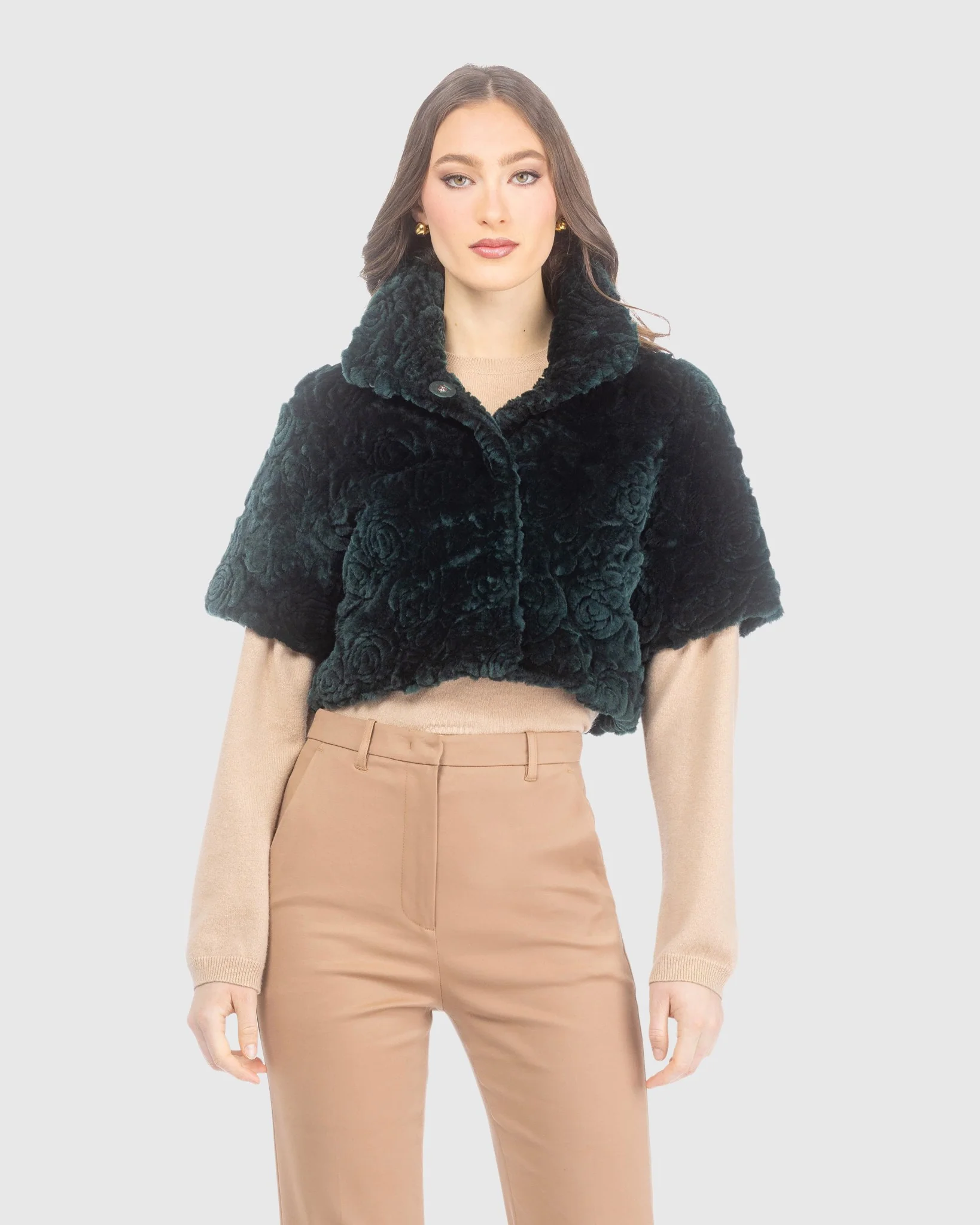 Select Shearling Lamb Rose Printed Bolero With Cropped Sleeves - Image 21