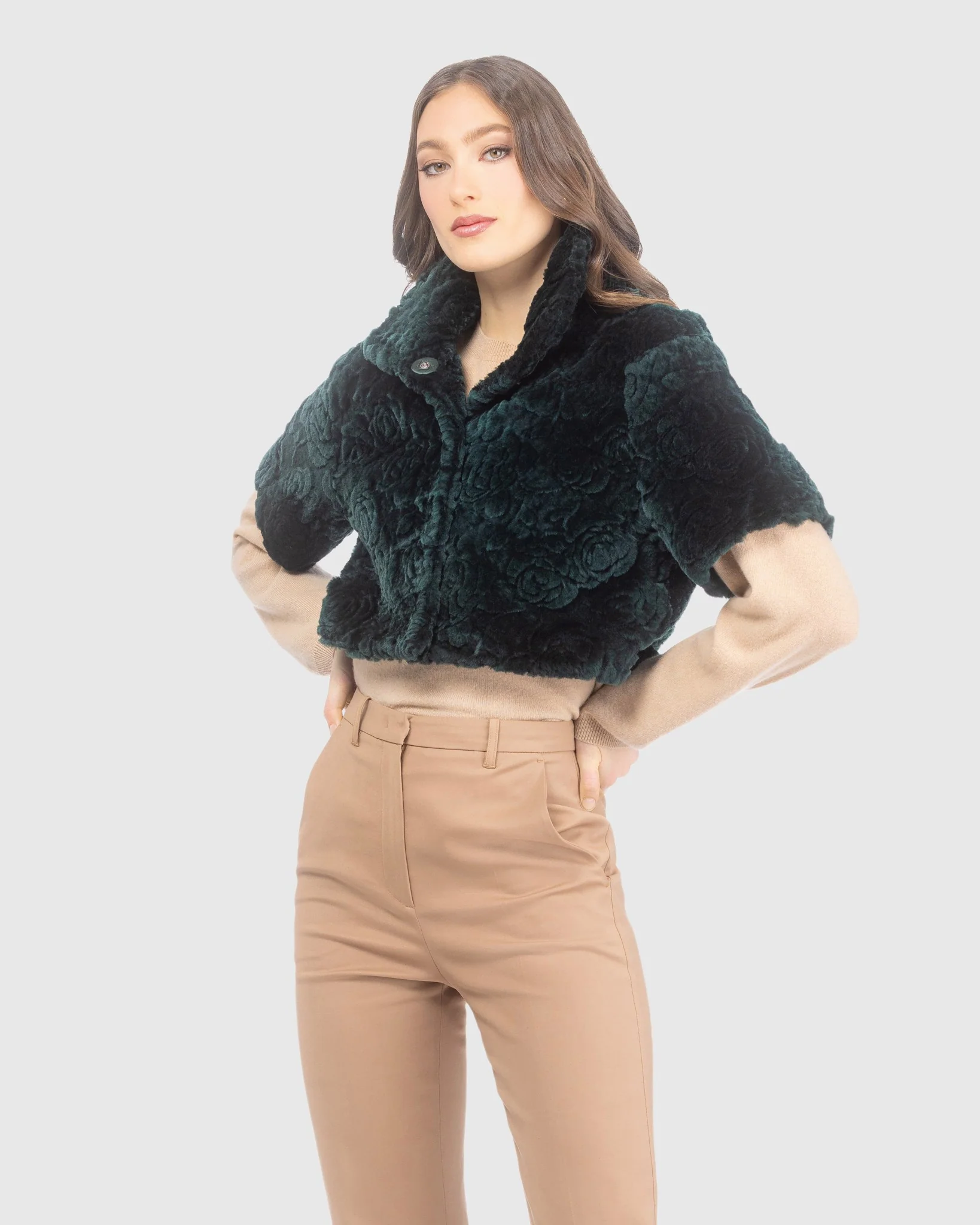 Select Shearling Lamb Rose Printed Bolero With Cropped Sleeves - Image 22