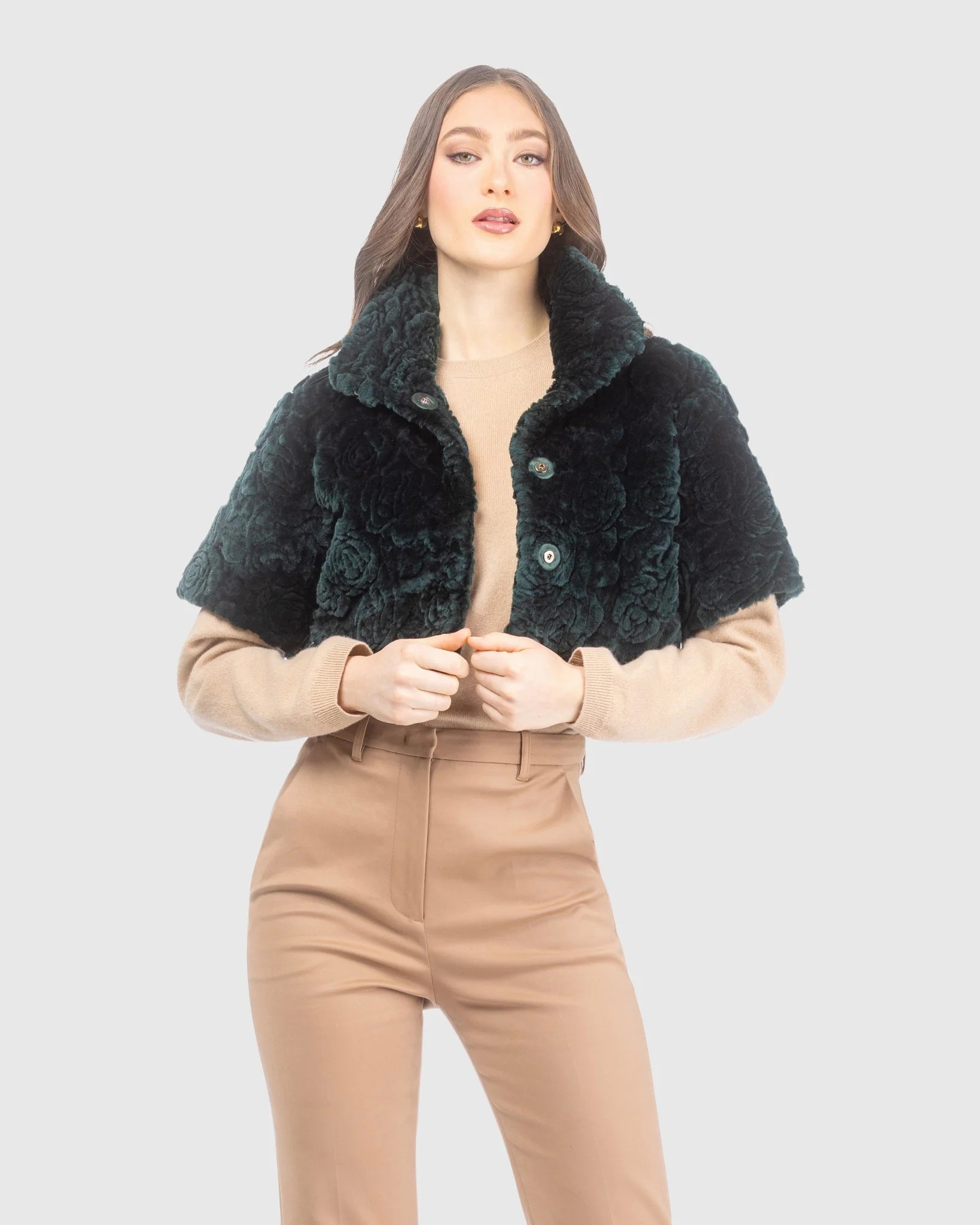 Select Shearling Lamb Rose Printed Bolero With Cropped Sleeves - Image 25
