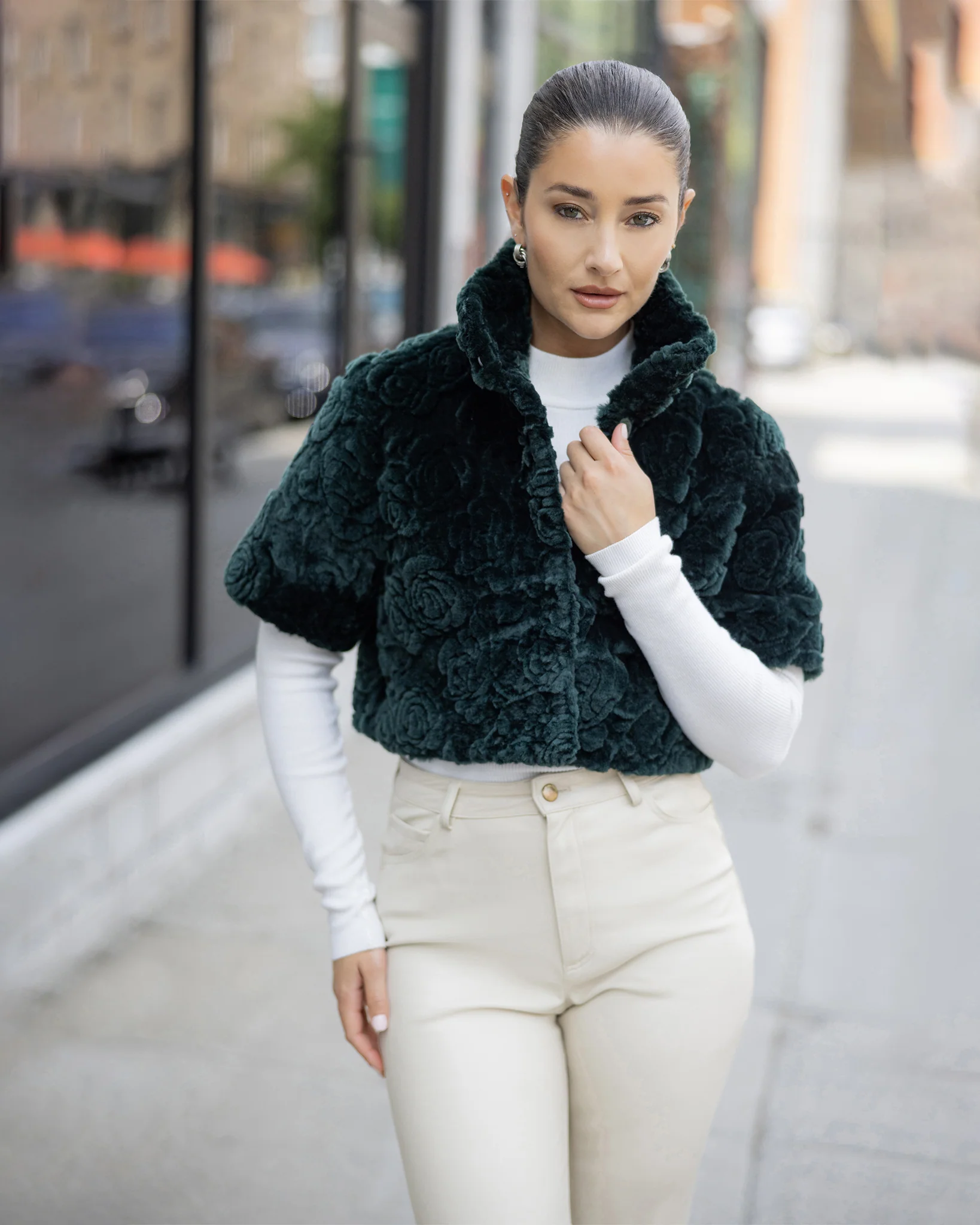 Select Shearling Lamb Rose Printed Bolero With Cropped Sleeves - Image 29