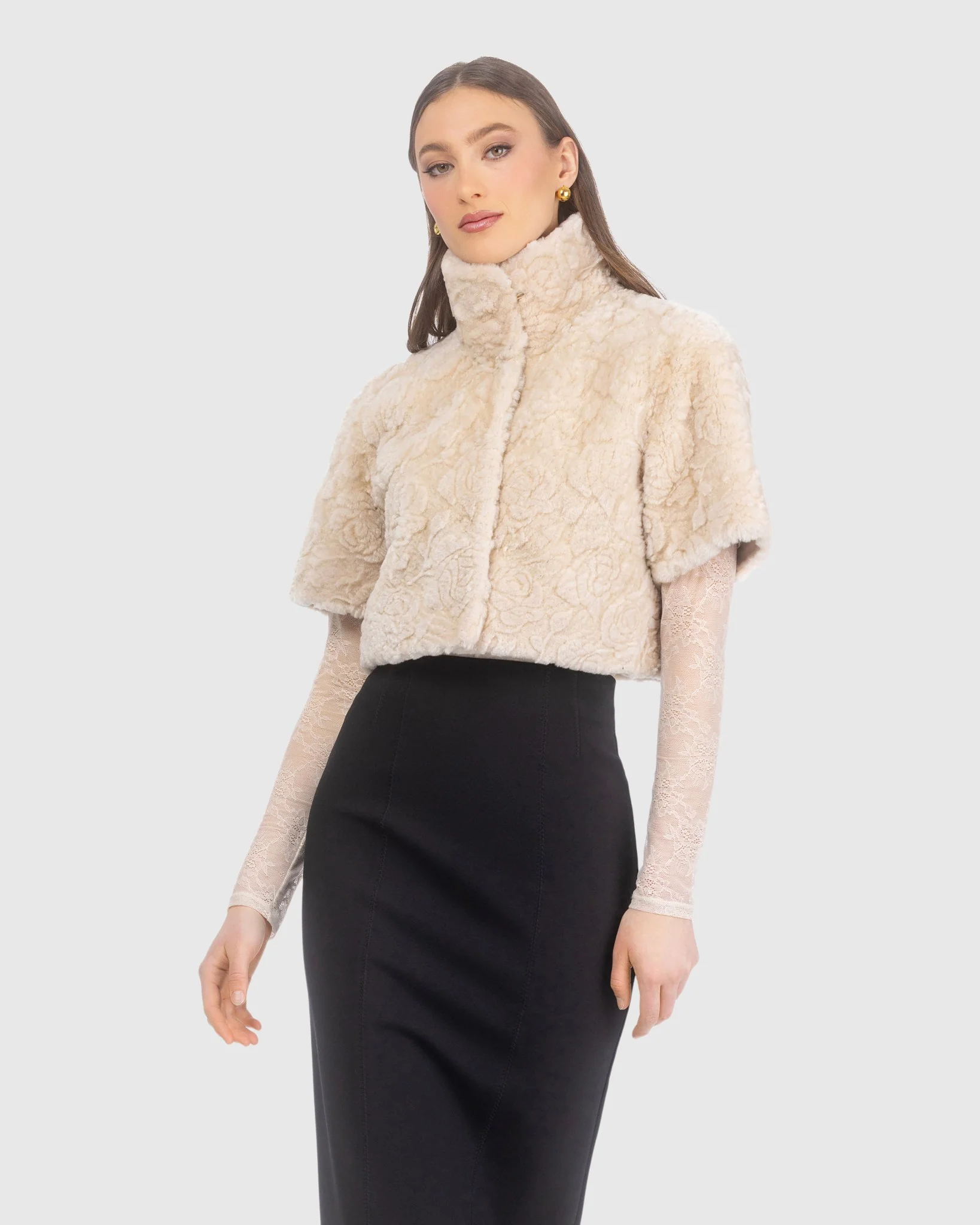 Select Shearling Lamb Rose Printed Bolero With Cropped Sleeves - Image 3