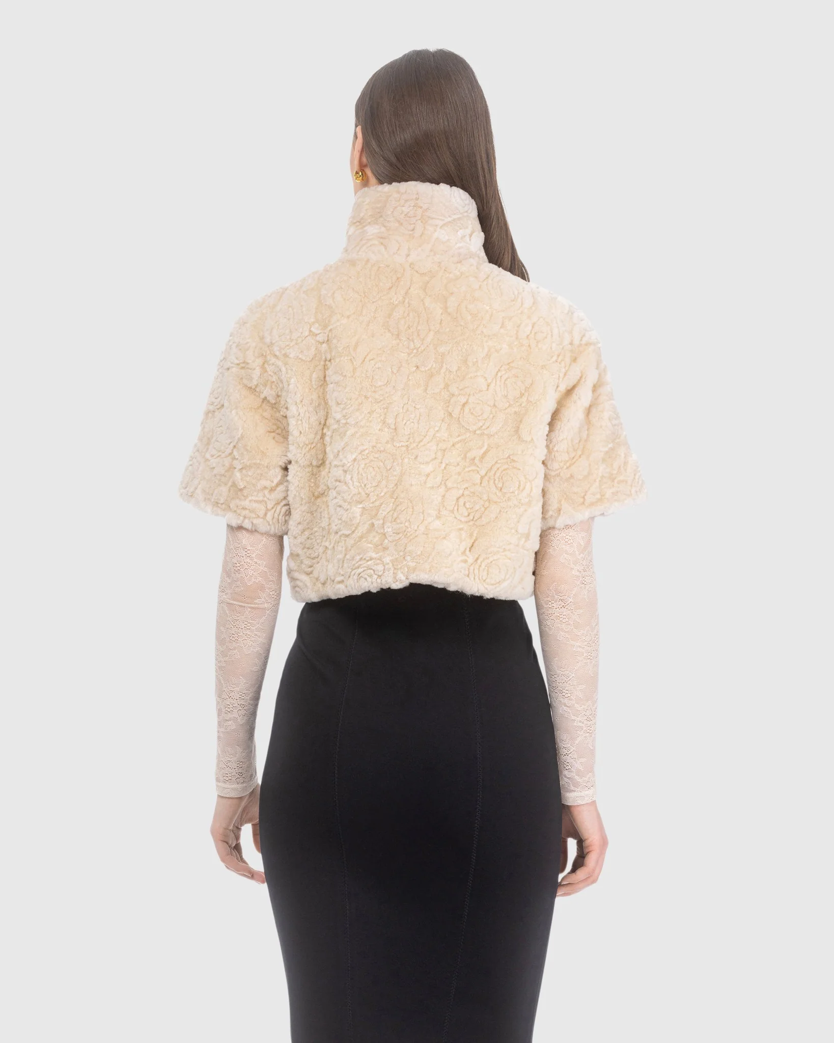 Select Shearling Lamb Rose Printed Bolero With Cropped Sleeves - Image 4
