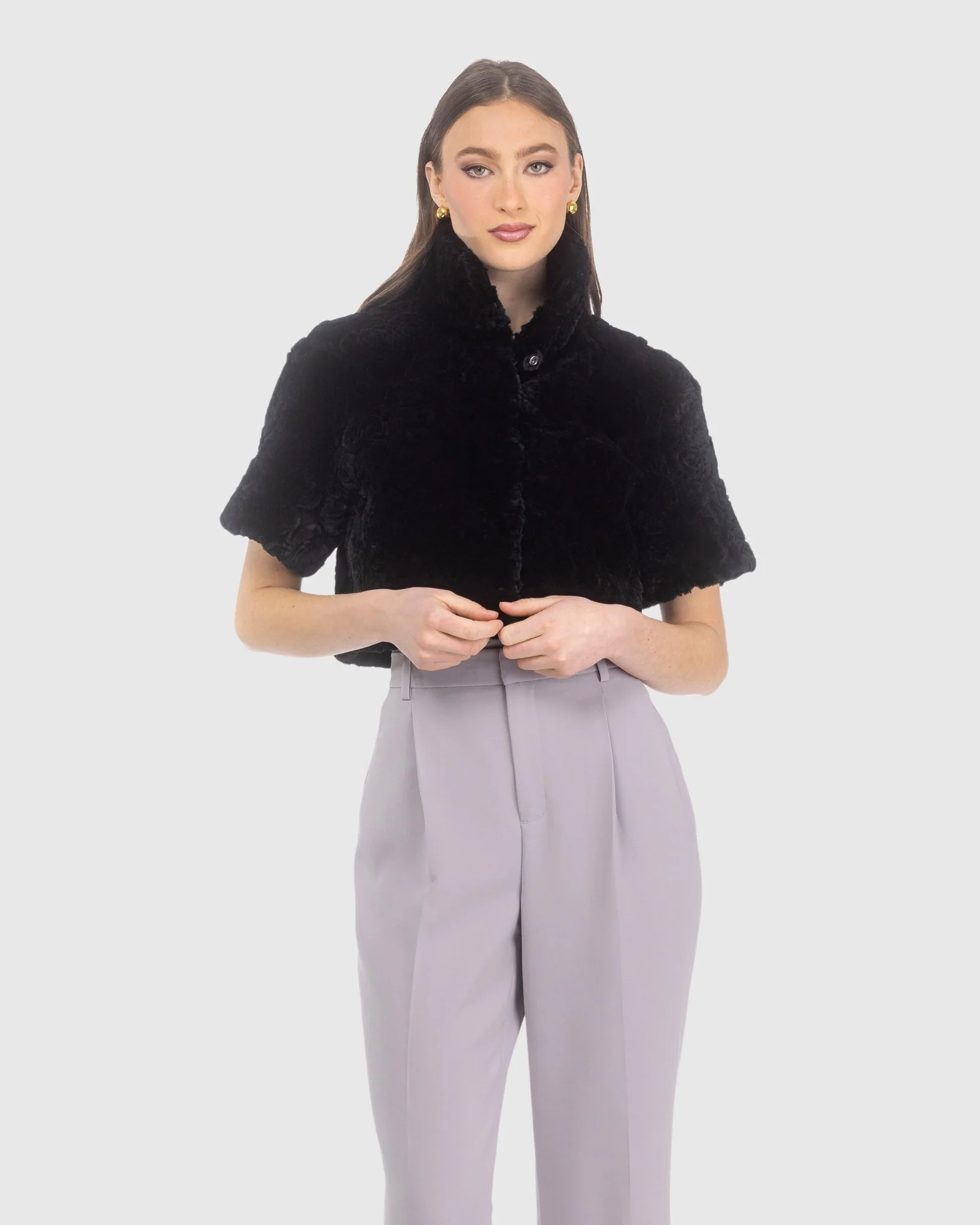 Select Shearling Lamb Rose Printed Bolero With Cropped Sleeves - Image 7