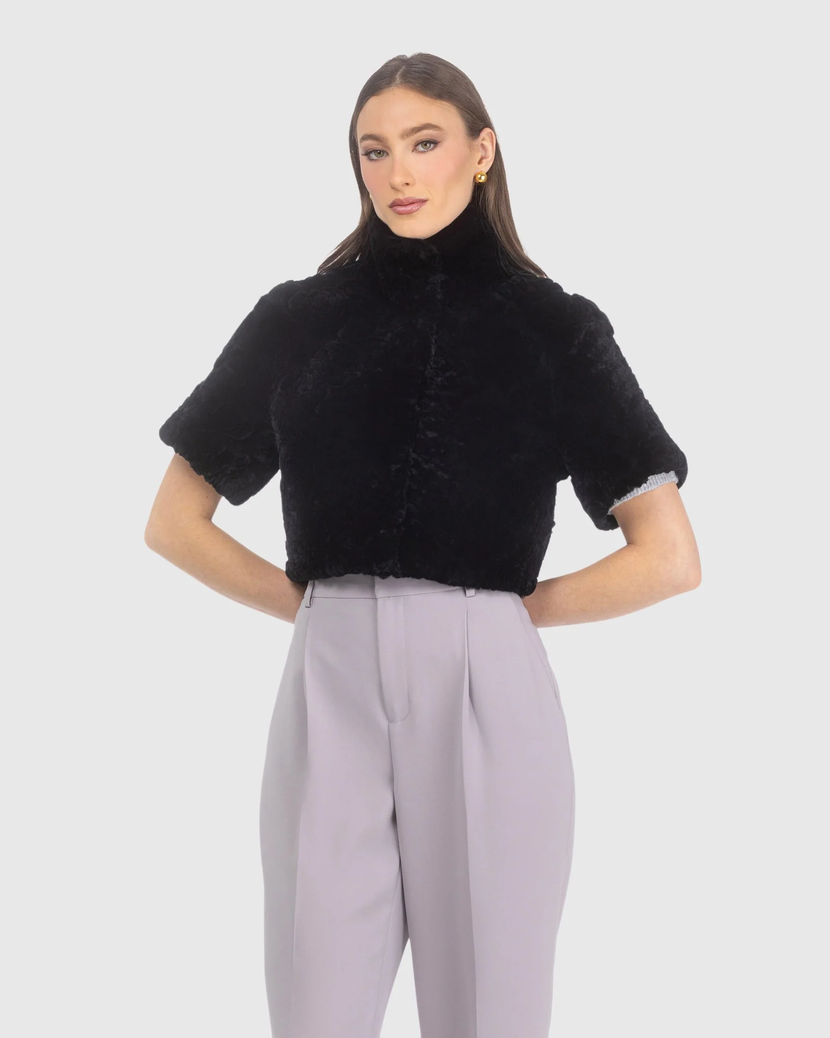 Select Shearling Lamb Rose Printed Bolero With Cropped Sleeves - Image 8