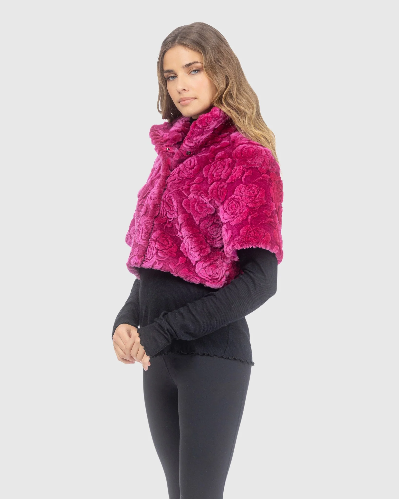 Select Shearling Lamb Rose Printed Bolero With Cropped Sleeves - Image 10