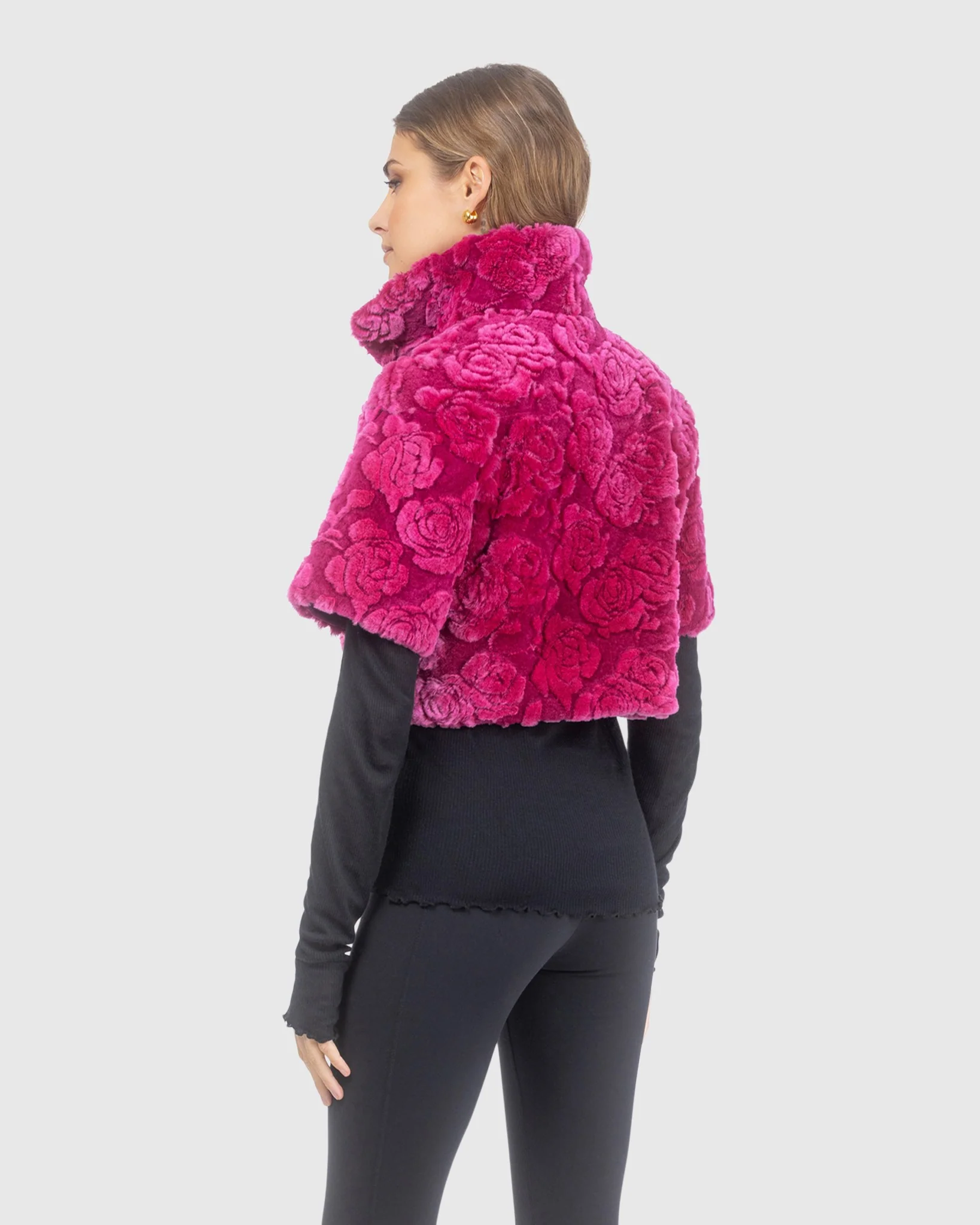 Select Shearling Lamb Rose Printed Bolero With Cropped Sleeves - Image 11