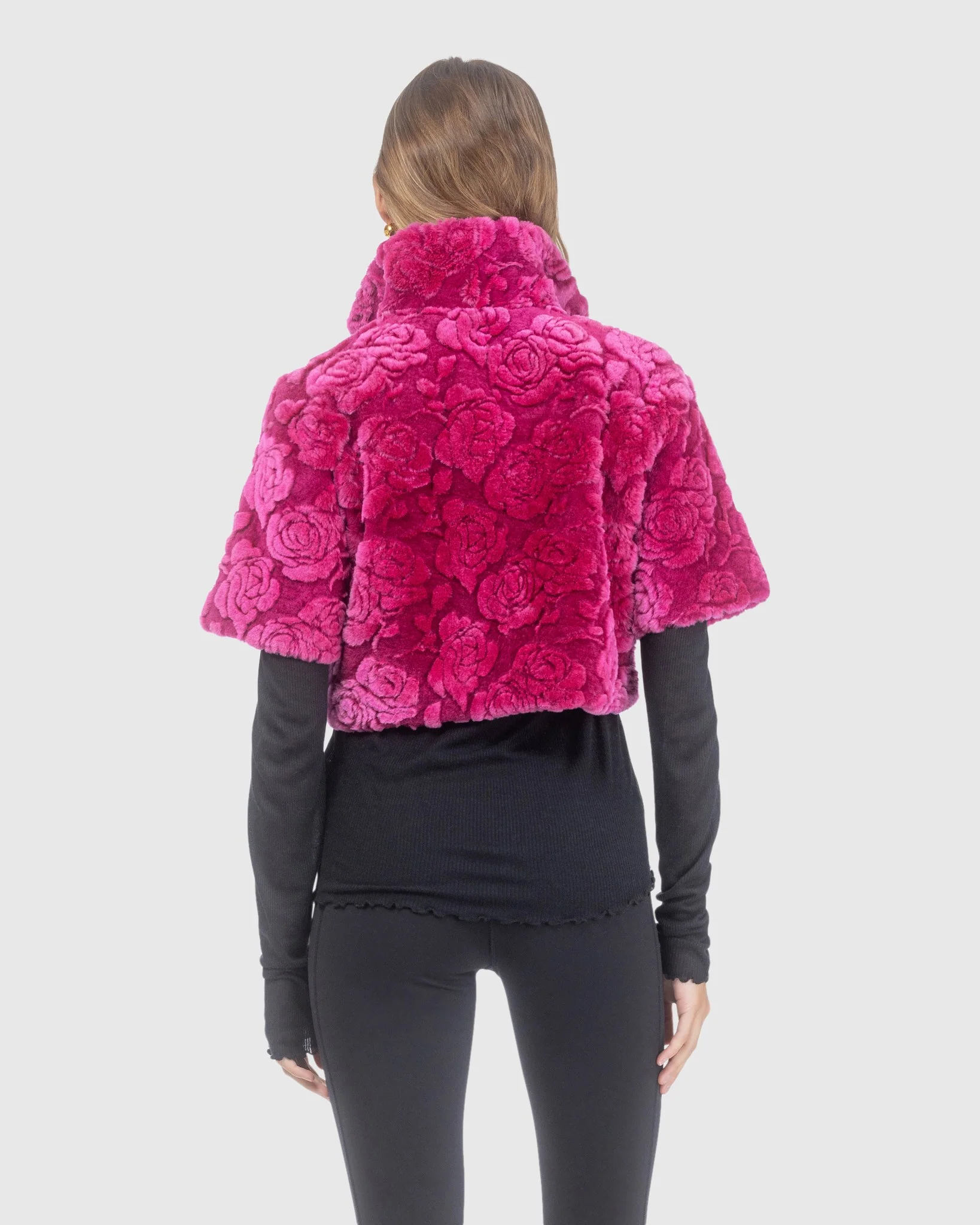 Select Shearling Lamb Rose Printed Bolero With Cropped Sleeves - Image 12