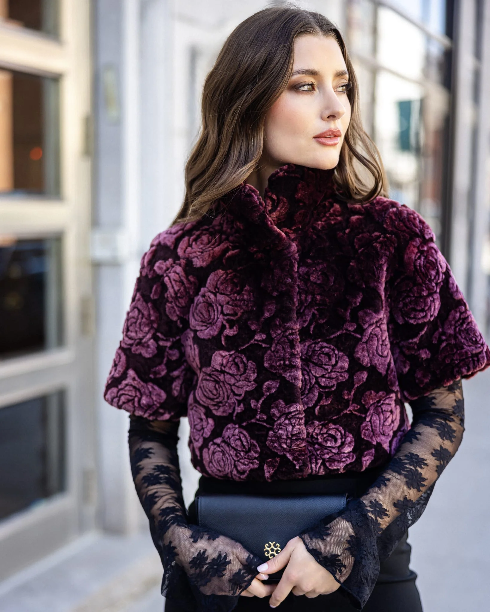 Select Shearling Lamb Rose Printed Bolero With Cropped Sleeves - Image 14