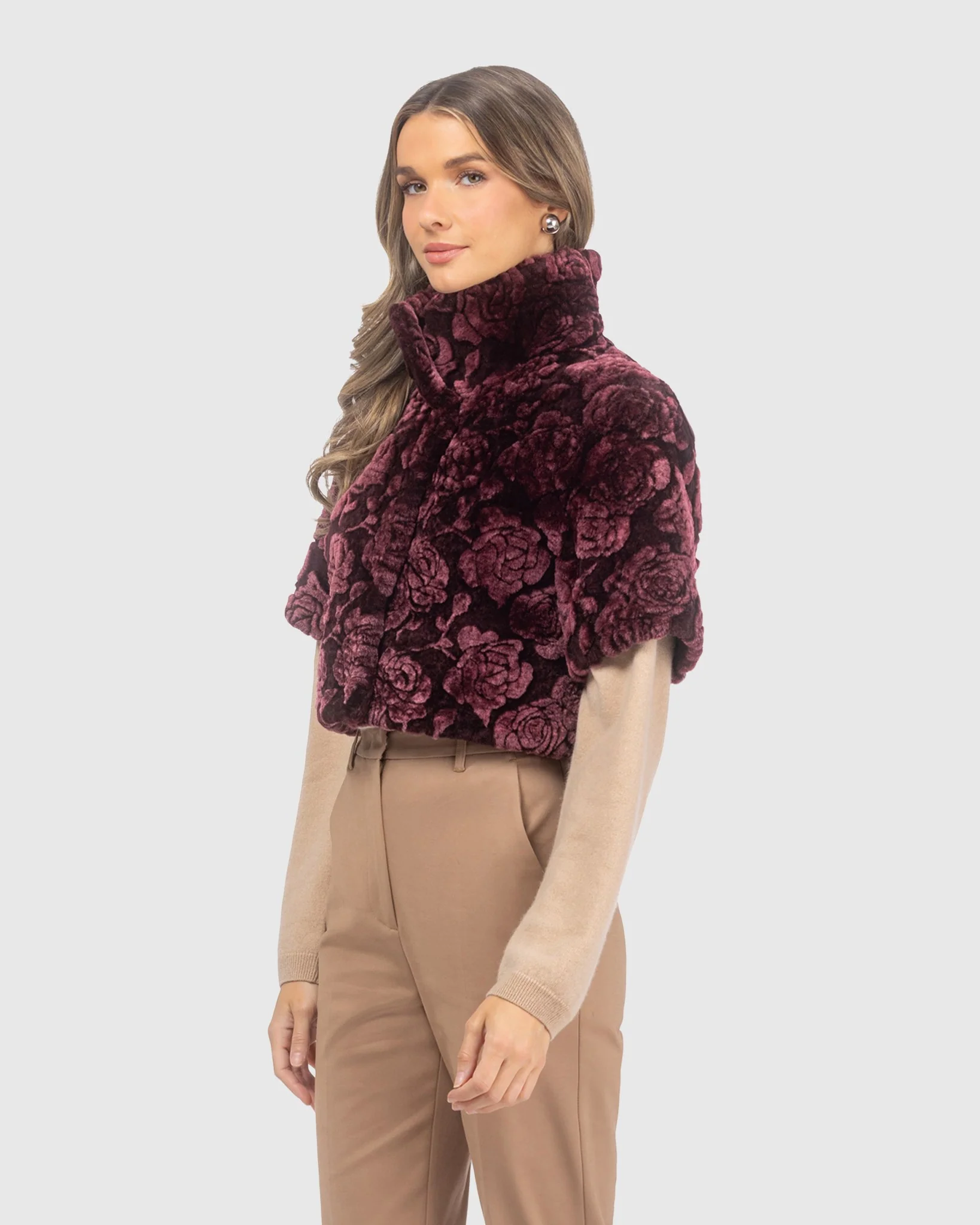 Select Shearling Lamb Rose Printed Bolero With Cropped Sleeves - Image 3