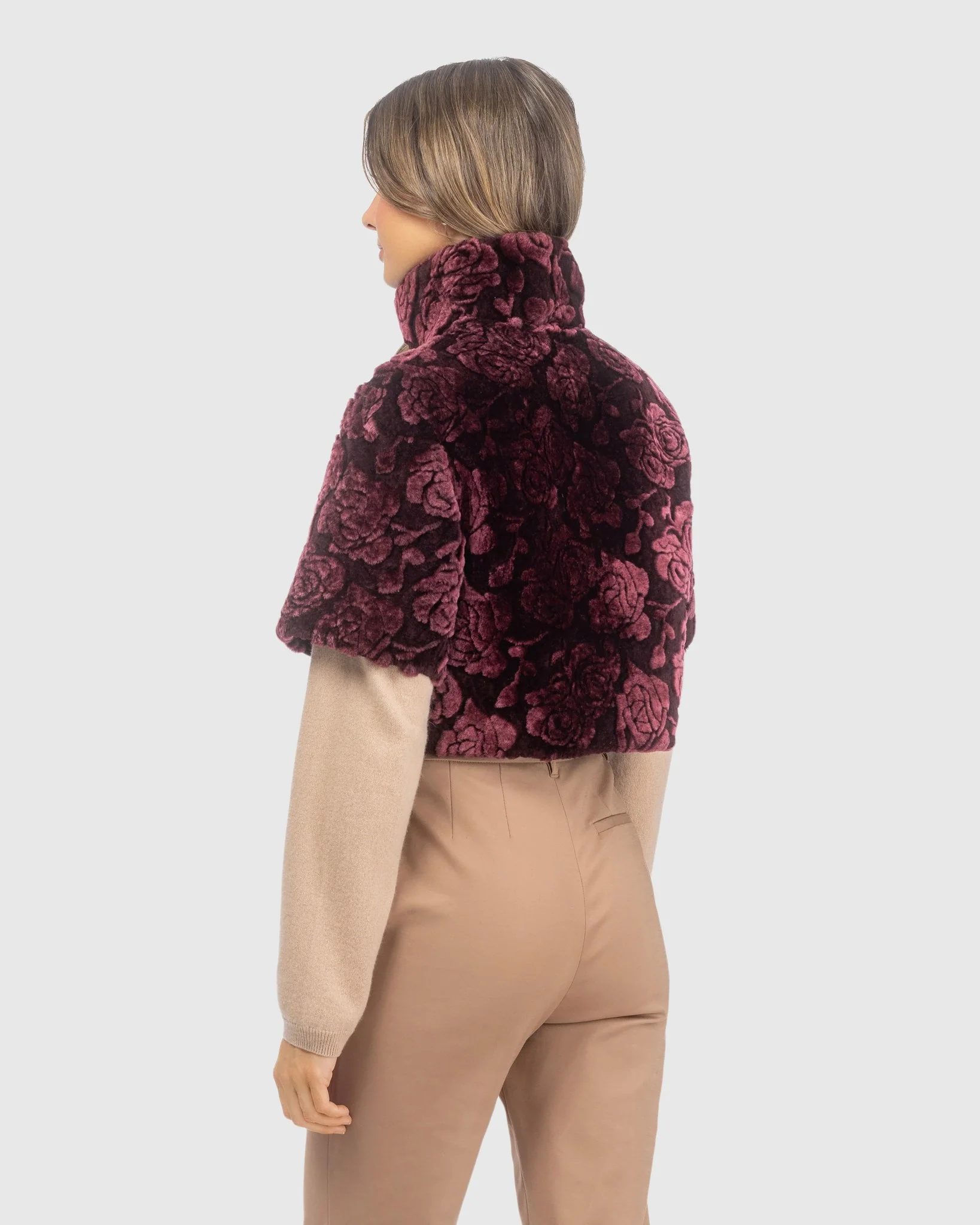 Select Shearling Lamb Rose Printed Bolero With Cropped Sleeves - Image 4